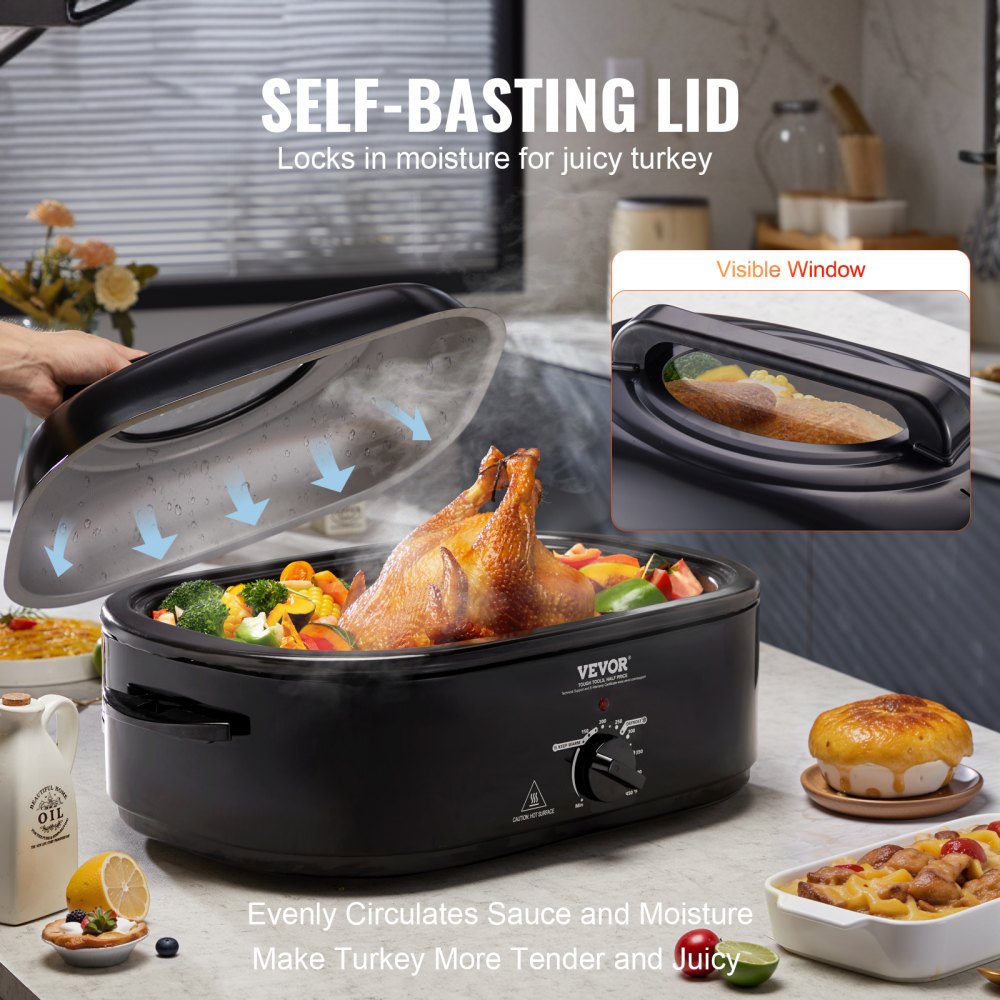 Stainless Steel Roaster Oven 18–22 QT, 1450W with Self-Basting Lid