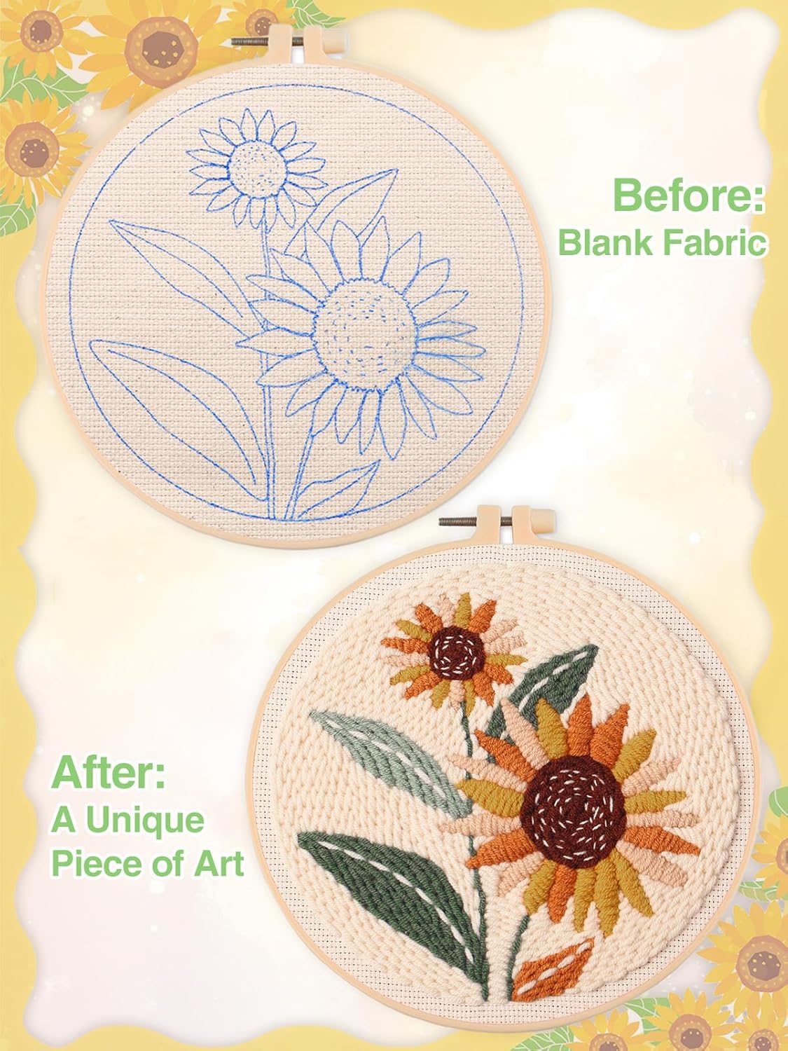 Punch Needle Kit for Adults & Beginners – DIY Spring Embroidery Set with Sunflower Pattern, Hoop, Yarn & Needle, Step-by-Step Instructions & Video Tutorial, Relaxing Craft Kit and Hobby Gift