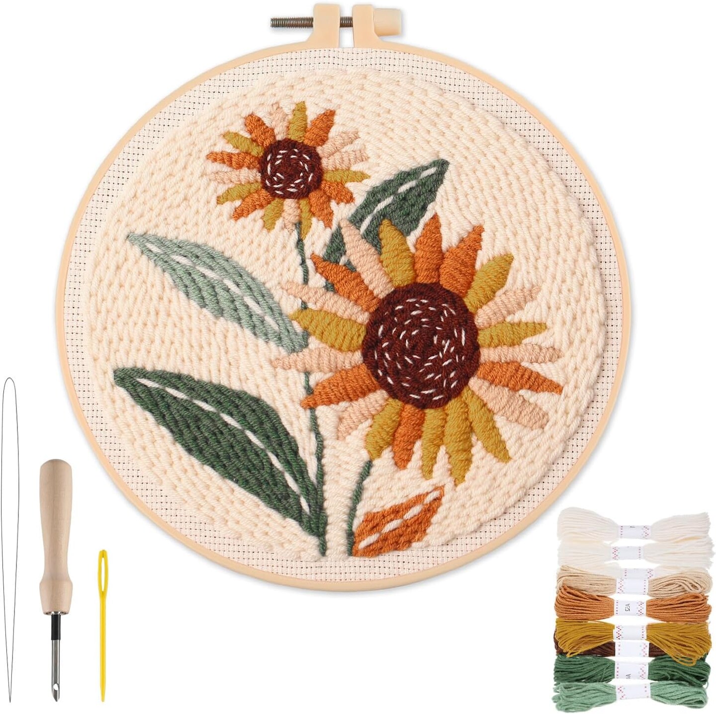 Punch Needle Kit for Adults & Beginners – DIY Spring Embroidery Set with Sunflower Pattern, Hoop, Yarn & Needle, Step-by-Step Instructions & Video Tutorial, Relaxing Craft Kit and Hobby Gift