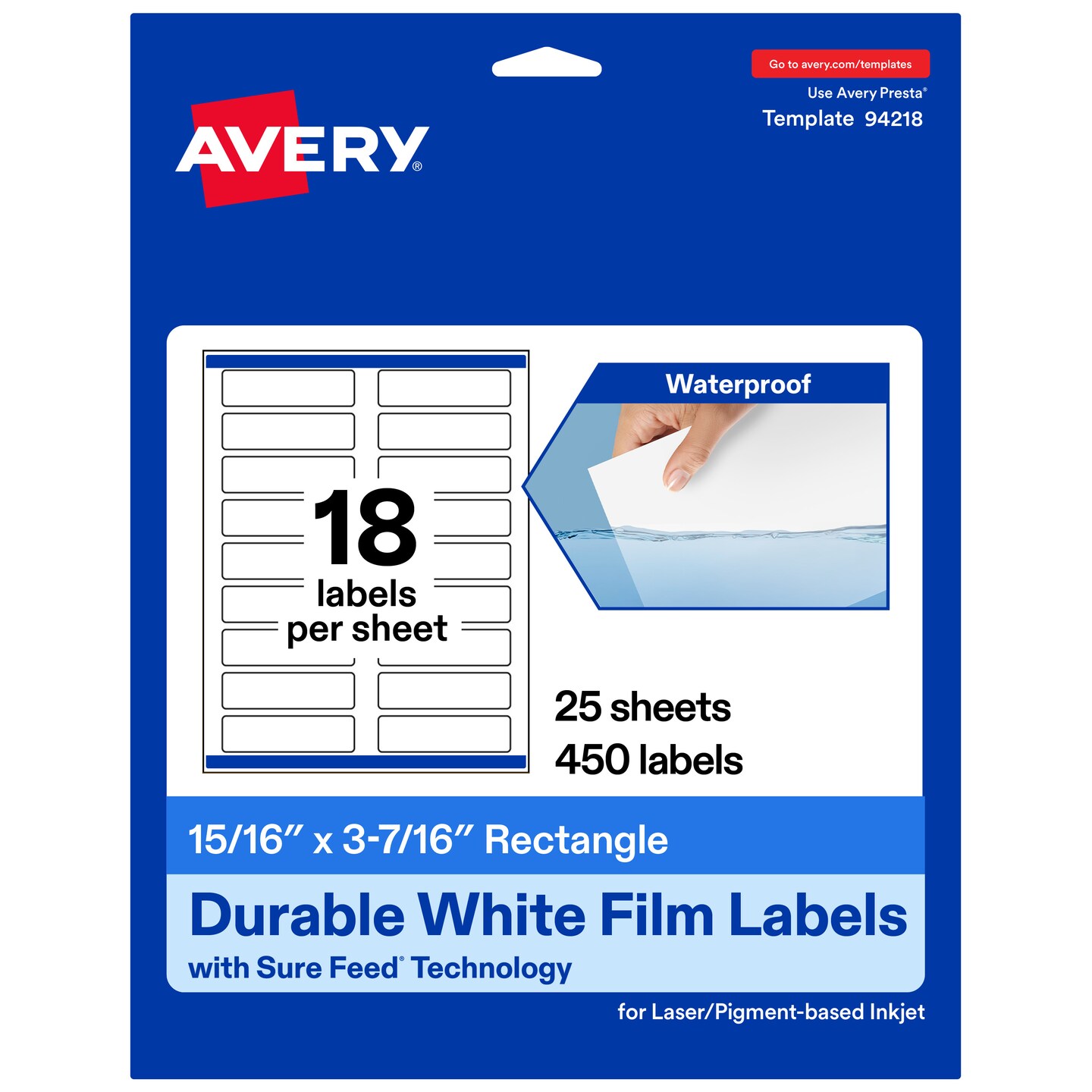 Avery Durable Waterproof Rectangle Labels with Sure Feed, 15/16" x 3-7/16"