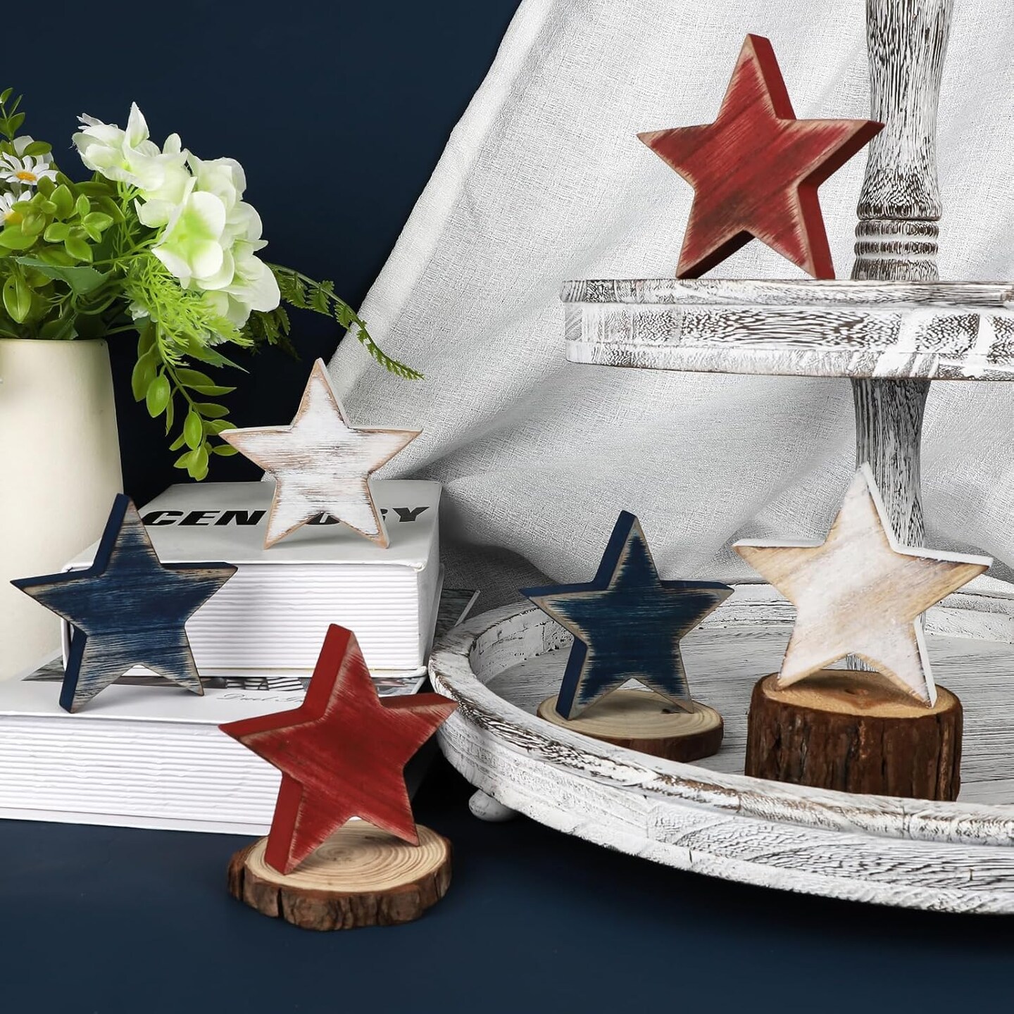 4th of July Decorations – 6-Piece Patriotic Wooden Star Set, Red, White & Blue Retro Table Decor for Tiered Trays, Home, Office, Memorial & Veterans Day