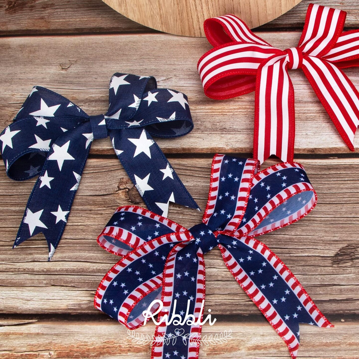 Patriotic Wired Ribbon – 1.5" x 10 Yards Red, White & Navy Stars and Stripes Canvas Ribbon for Bows, Wreaths, and Tree Decorations