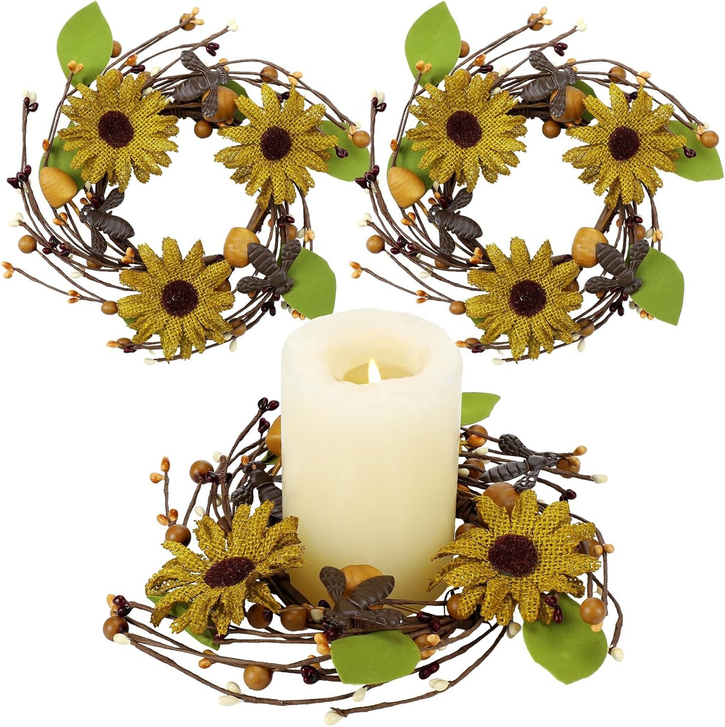 2 Pcs Retro Spring Sunflower Candle Wreaths – 6-Inch Candle Rings with Sunflowers, Honeycomb Leaves & Pillar Decor for Indoor & Outdoor Tables, Holiday & Seasonal Centerpieces