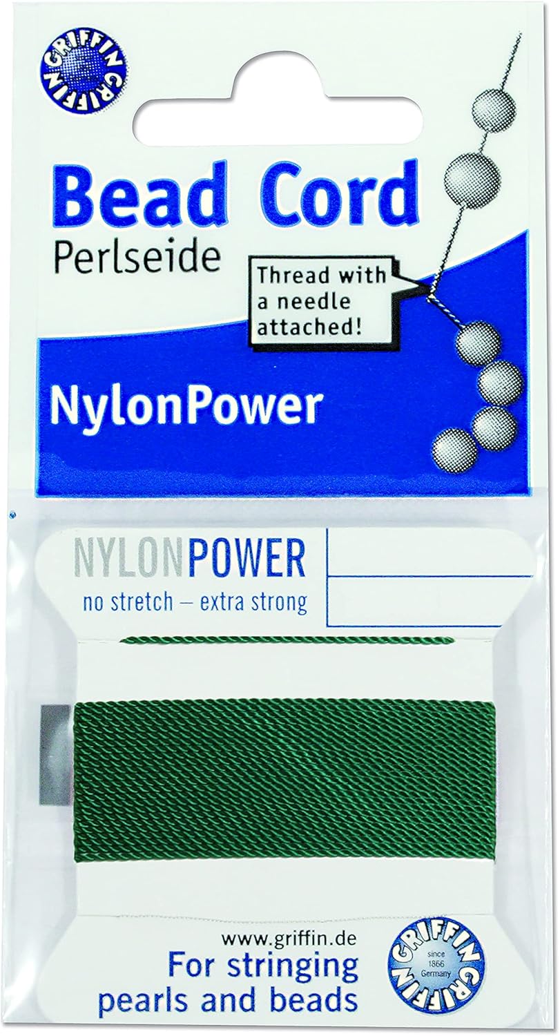 Griffin Nylon Bead Cord Perlseide – Size 5 (0.65mm) – 2 Meters per Card – Stainless Steel Needle Attached – for Knotting Pearls, Gemstones, Crystals and Beads
