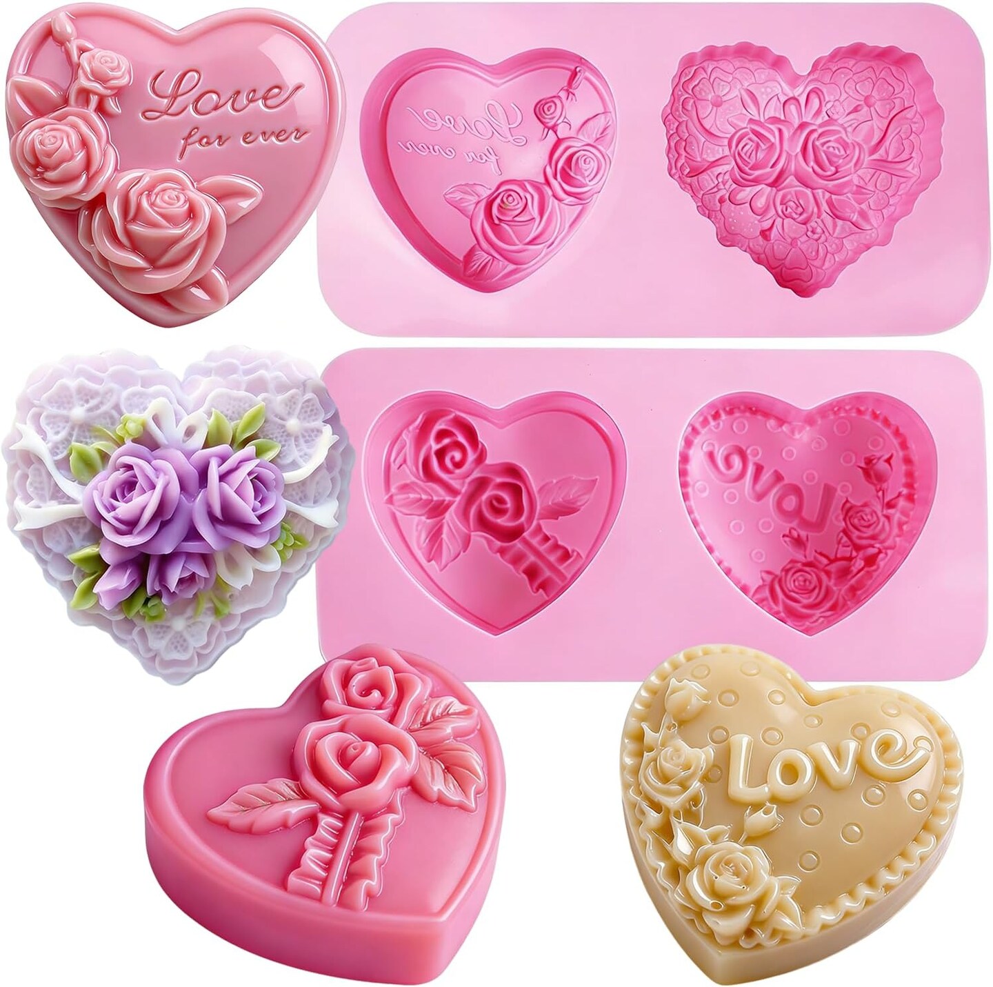 Silicone Heart Molds 4 Types 3D Heart Shaped Soap Chocolate Candy Cake Molds