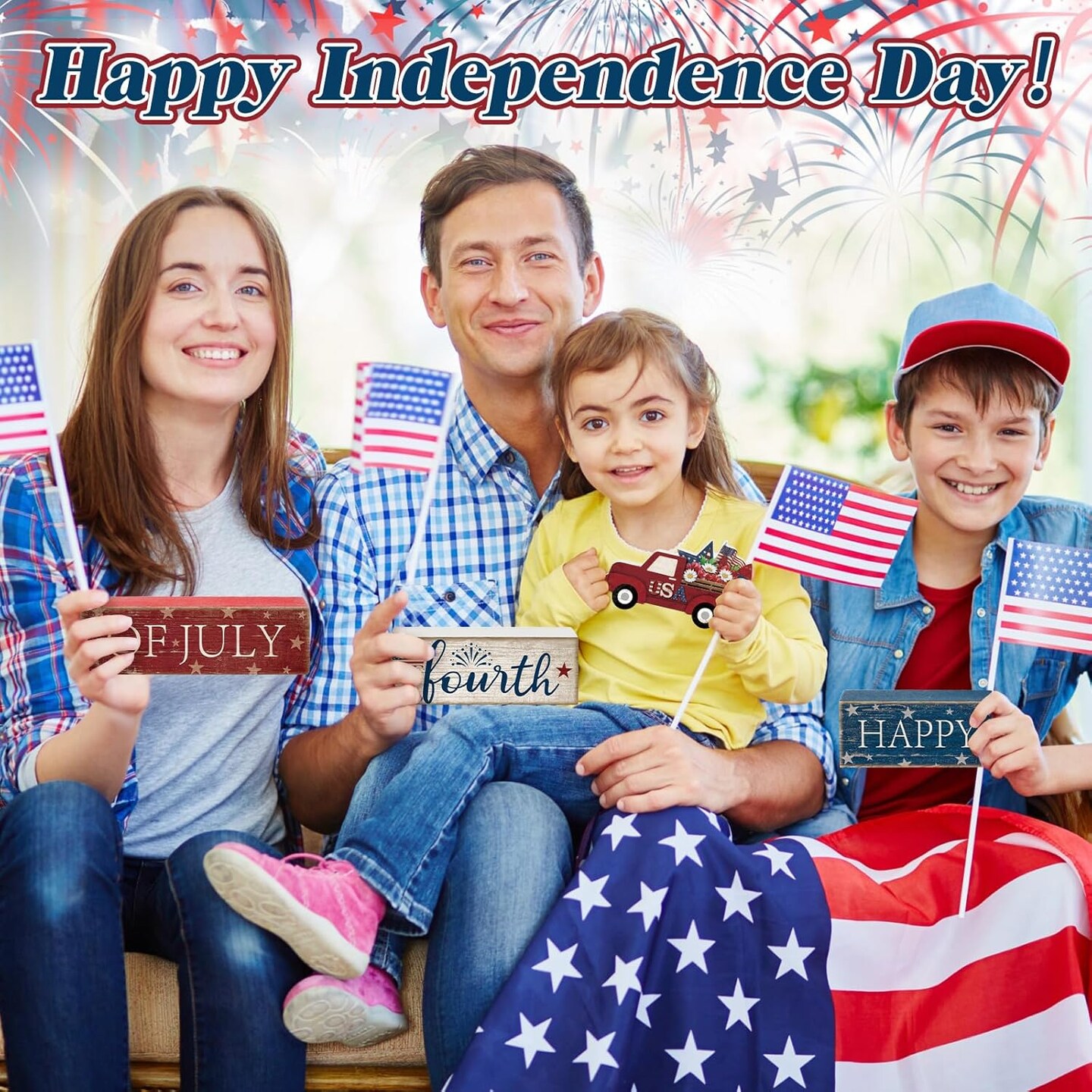 4th of July Tabletop Decorations, 4 Pcs Patriotic Red White Blue Tiered Tray & Shelf Décor – Memorial Day Centerpieces, Office, Home, 250th Anniversary Independence Day Car Accents