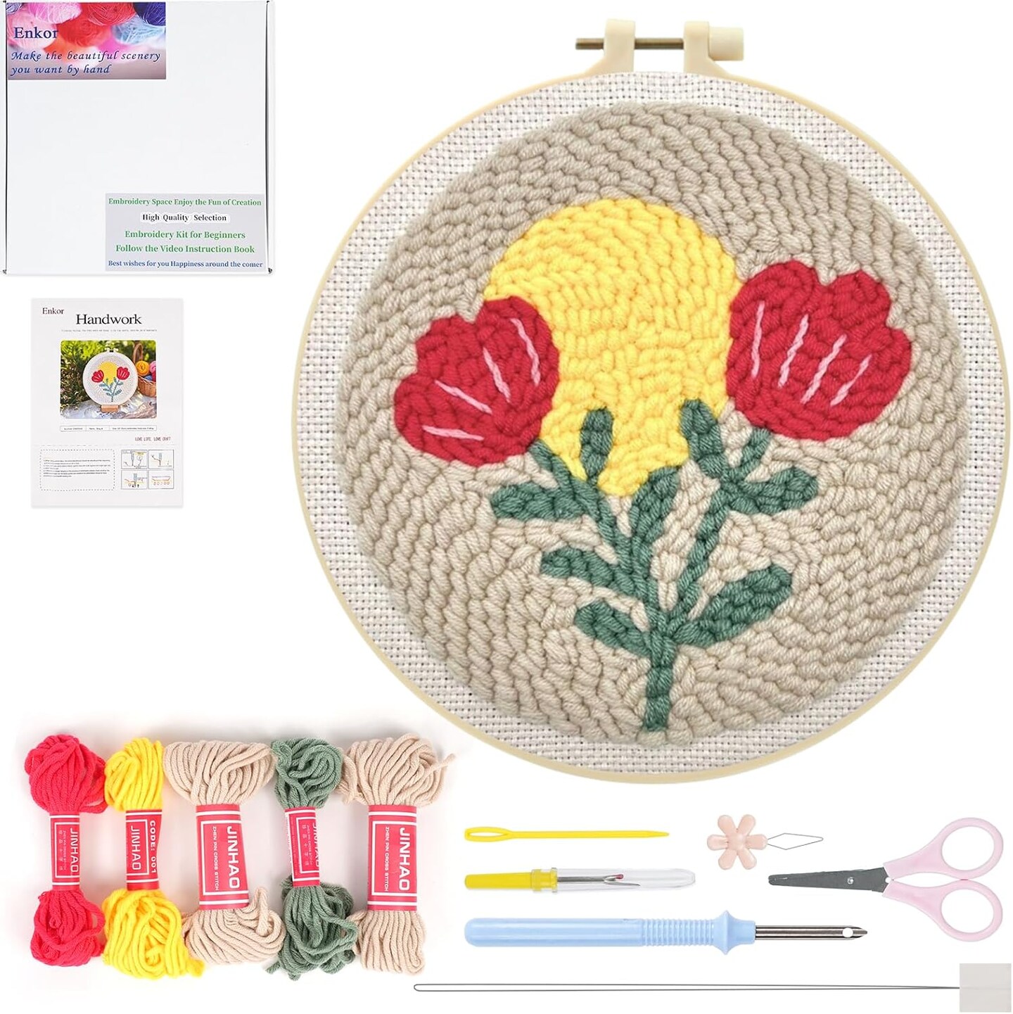 Punch Needle Kit for Beginners – DIY Flowers Love Embroidery Set with Fabric, Hoop, Yarn & Threader, Step-by-Step Instructions & Video Tutorial, Easy Craft Kit for Adults & Kids