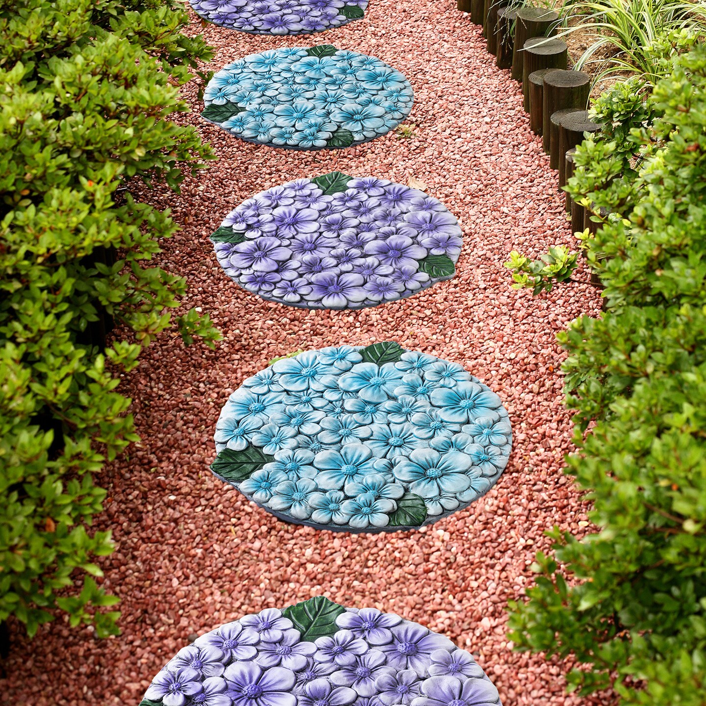 10"D Set of 4 Cement Blue and Purple Hydrangea Textured Stepping Stones