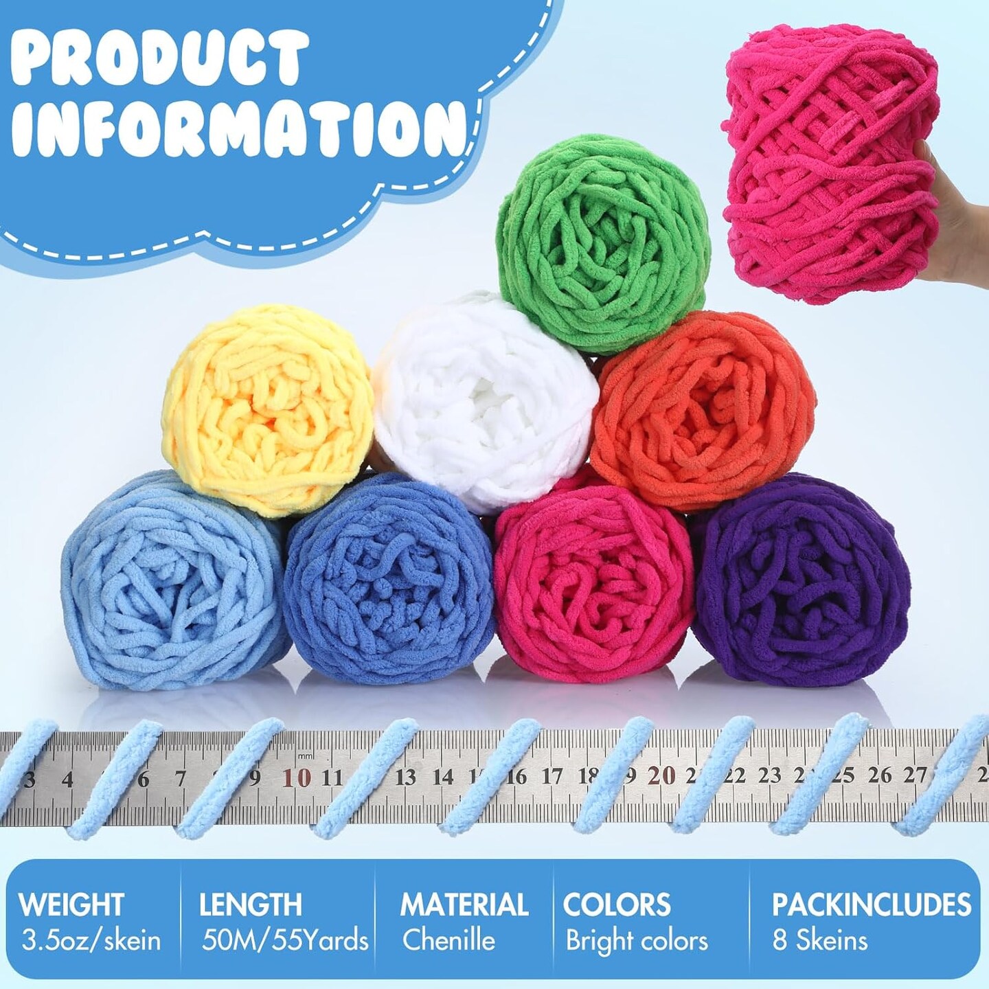 Chunky Chenille Yarn – 8-Pack, Soft & Fluffy Velvet Yarn for Crocheting, Hand Knitting, DIY Crafts, Bulky Yarn for Blankets, Scarves & Plush Projects, Bright Colors