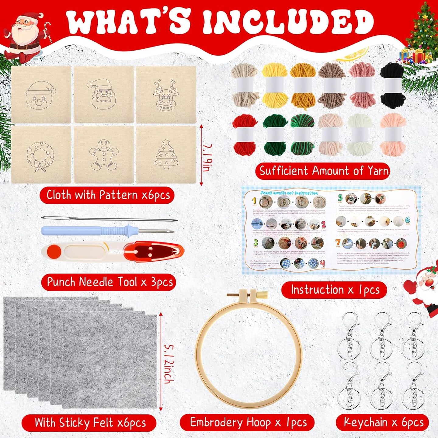 6-Piece Christmas Punch Needle Kit – DIY Keychain Embroidery Set for Adults & Beginners with Patterns, Yarn, Hoop & Tools, Festive Handmade Décor