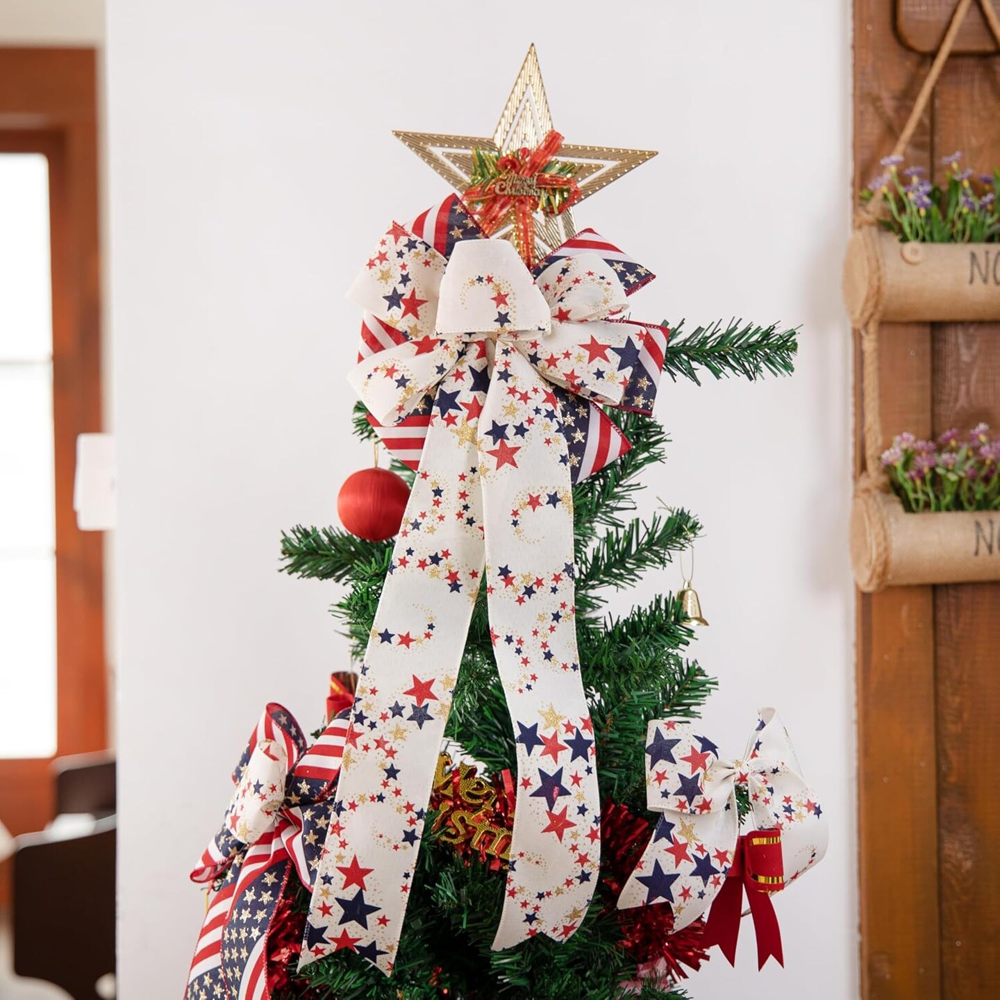 Patriotic Glitter Stars Wired Ribbon – 2.5" x 10 Yards Red, Navy, Blue & Gold Ribbon for 4th of July, Veterans Day, and Independence Day Decorations (Ivory)
