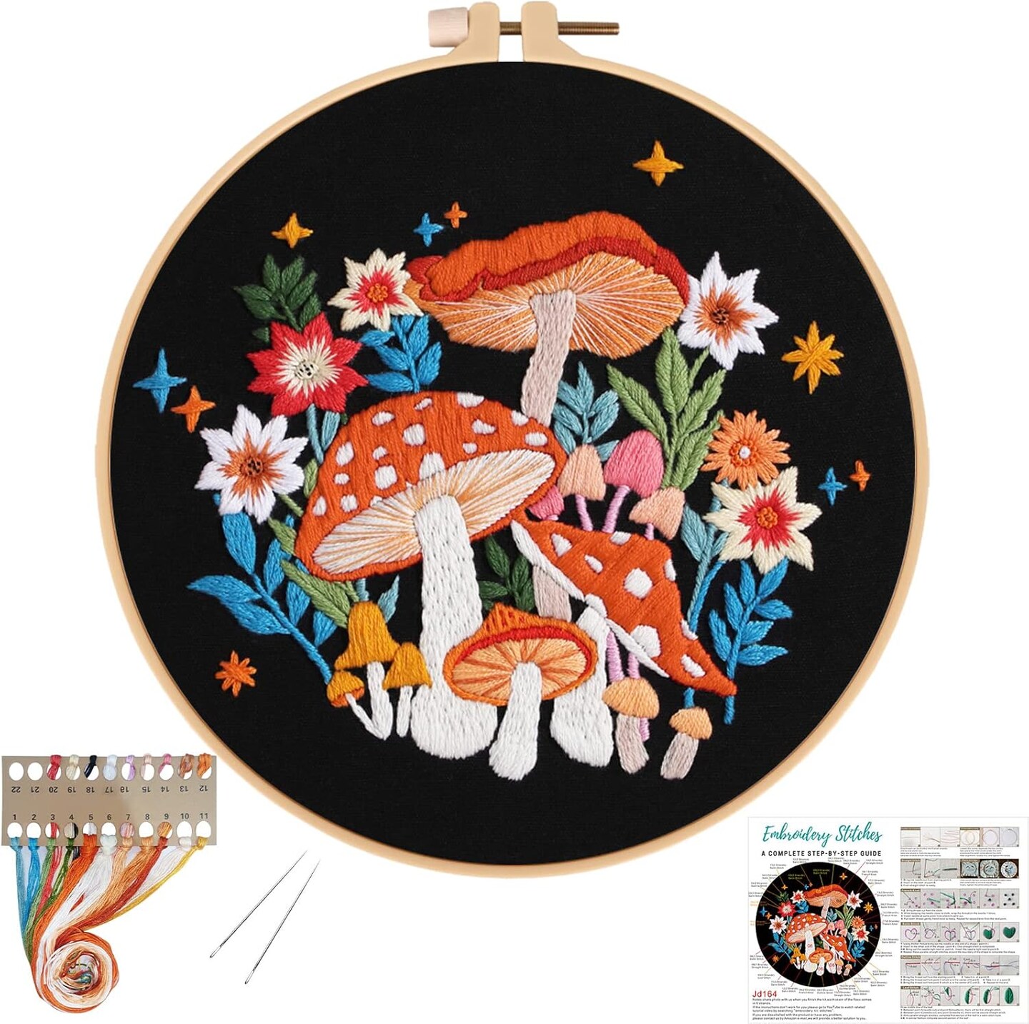Mushroom Embroidery Kit for Beginners – Starry Night Pattern DIY Needlepoint Cross Stitch for Adults