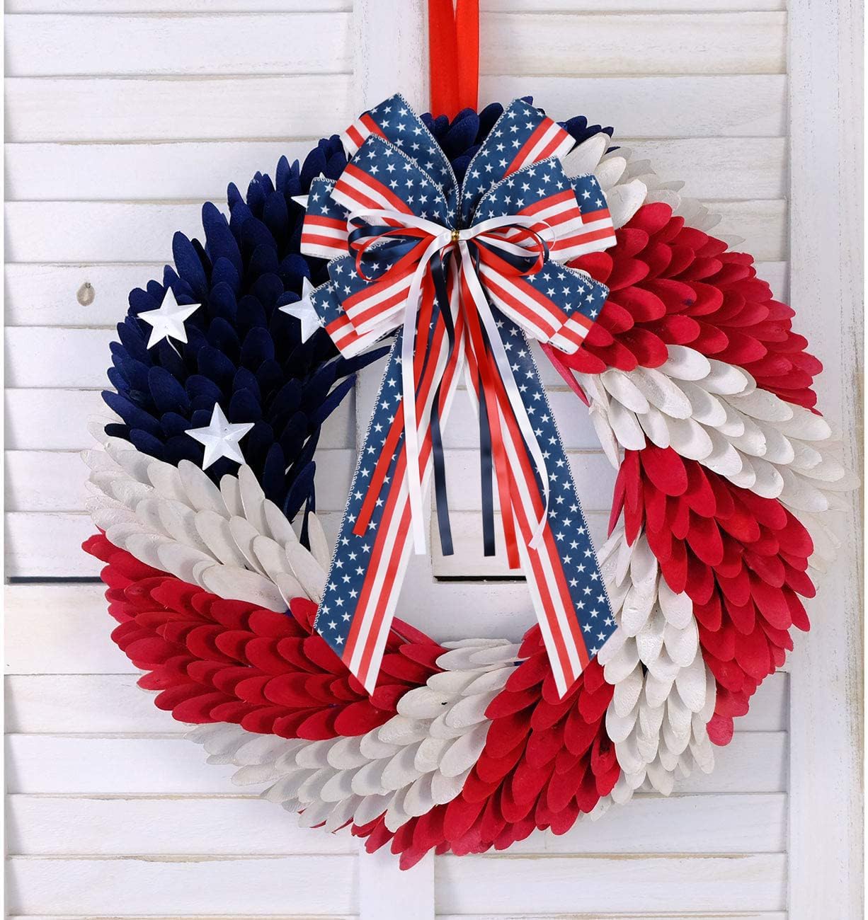 2 PCS Large Patriotic Wreath Bows – Red, White & Blue Stars and Stripes Ribbon Bows for 4th of July, Independence Day, Memorial Day, Veterans Day – American Flag Front Door Indoor & Outdoor Decorations