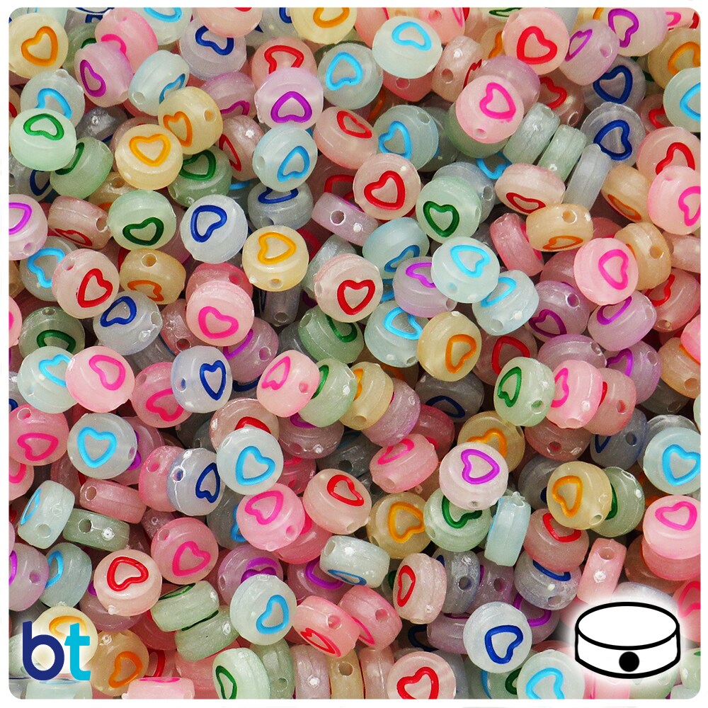 BeadTin Luminous 7mm Coin Alpha Beads - Colored Hollow Hearts (250pcs)