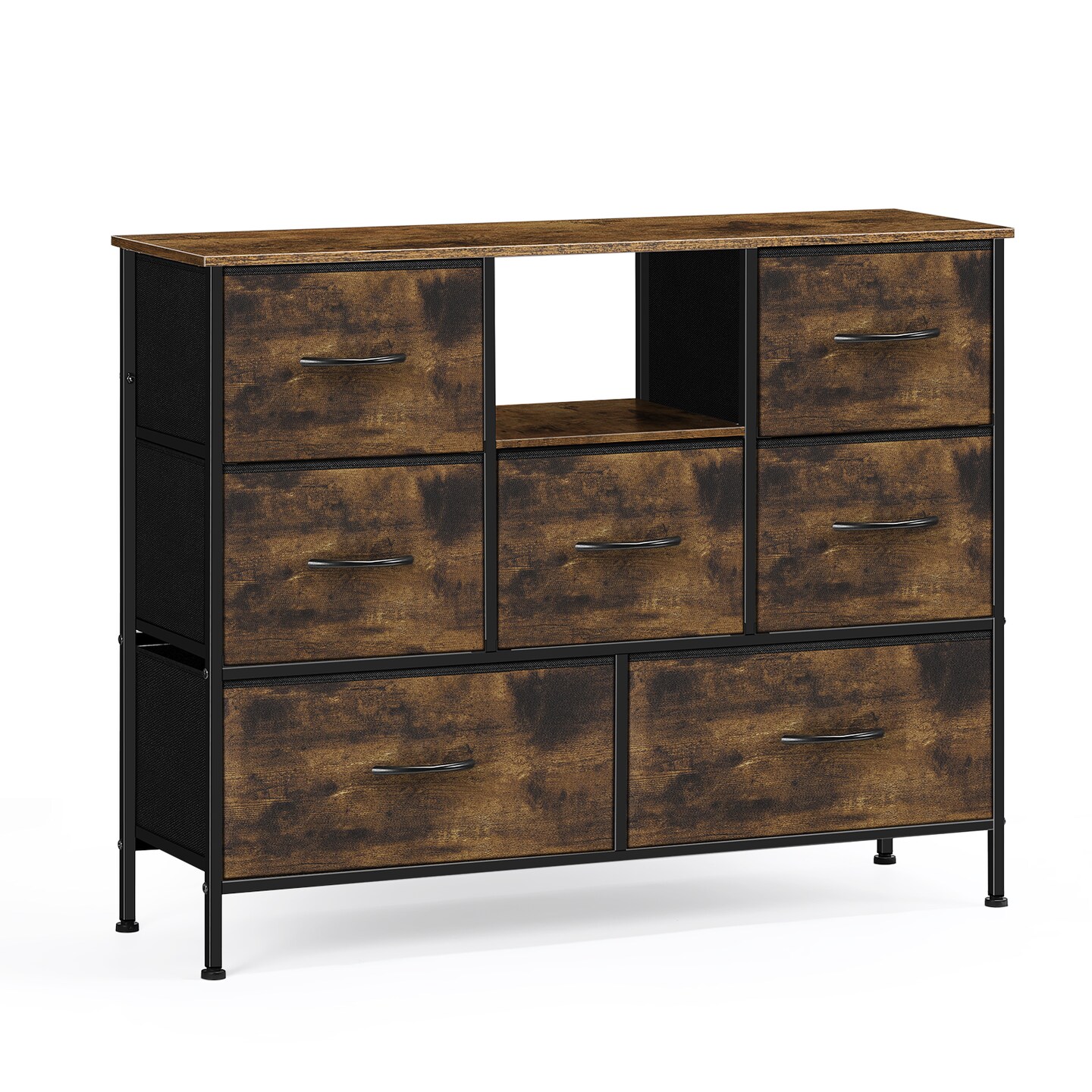 Rustic 7 Drawer Dresser with Open Shelf, Fabric Storage Drawers for Bedroom