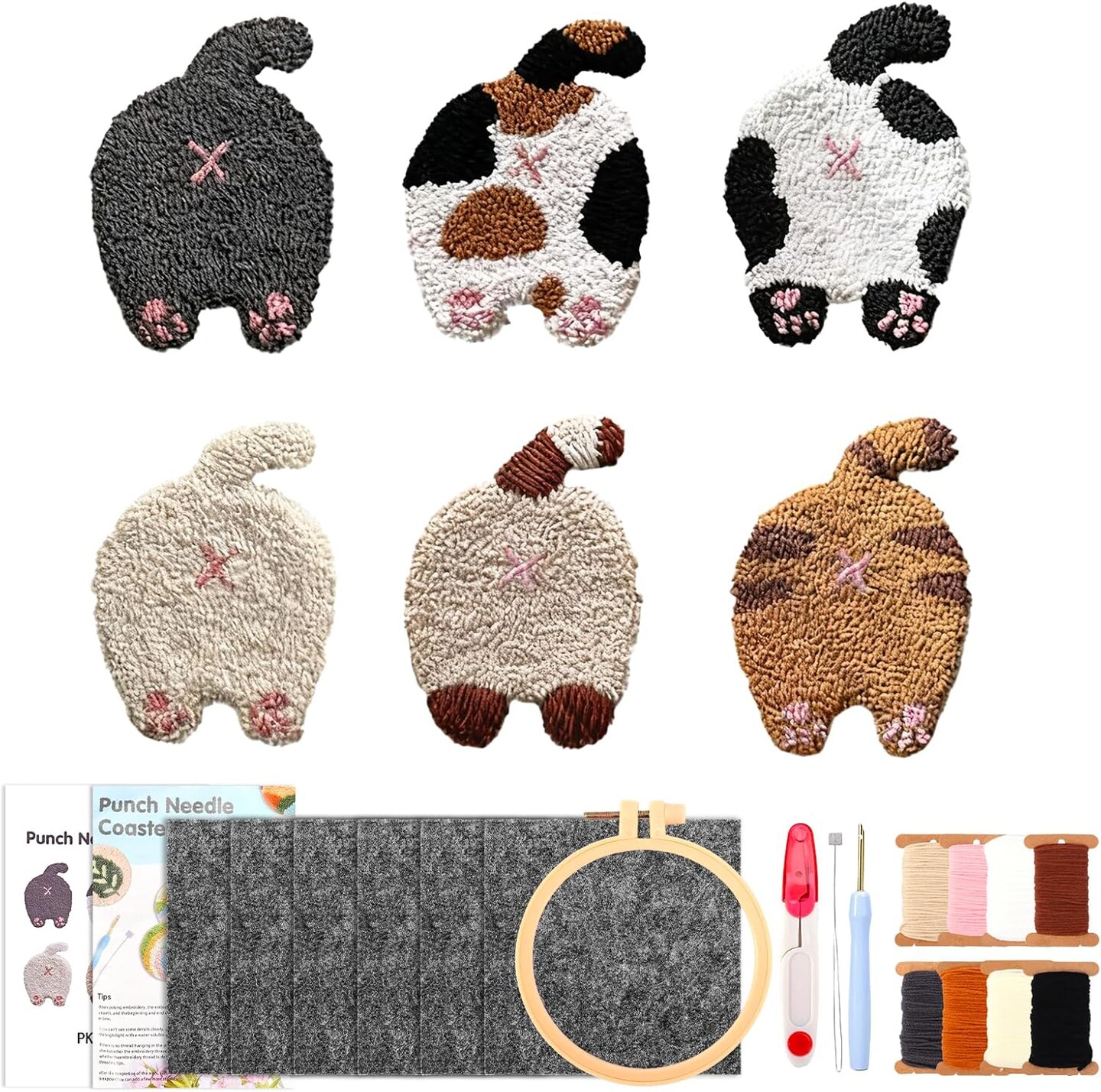26-Piece Cat Punch Needle Coaster Kit – DIY Pet Crafts with Yarn, Felt, Embroidery Hoop & Instructions for Beginners & Adults