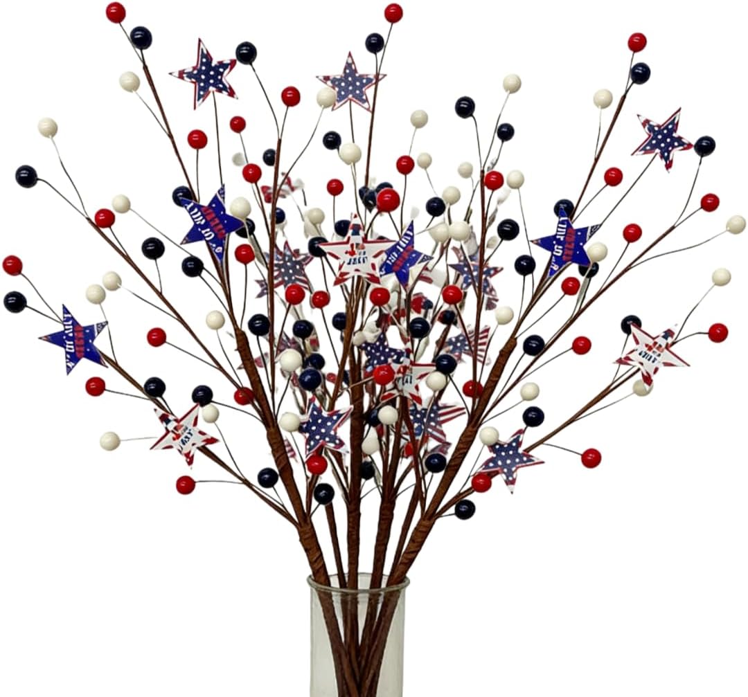 3 Pcs Patriotic Artificial Berry Stem Picks – Red, White & Blue Stars, 4th of July Independence Day Décor for Home, Office, Vase Arrangement (Blue)