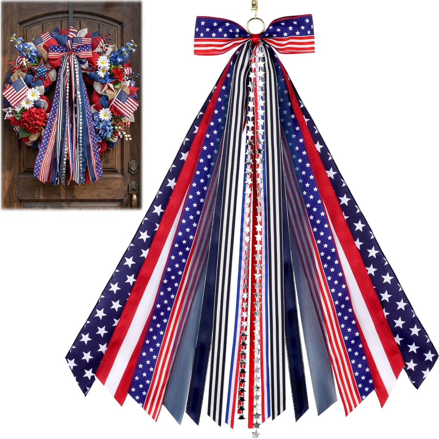 Patriotic Wreath Sash – 27.5" Red, White & Blue 9-Ribbon Bundle with Star Charm, Clip-On Bow for Front Door, 4th of July, Memorial Day & Independence Day Indoor/Outdoor Decor