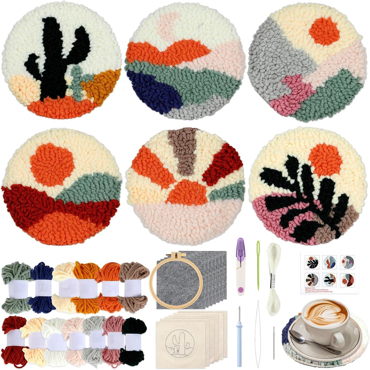 Punch Needle Coaster Kit for Beginners – 6 Scenery Patterns DIY Embroidery Set with Felt, Yarn, Hoop & Instructions for Adults and Kids