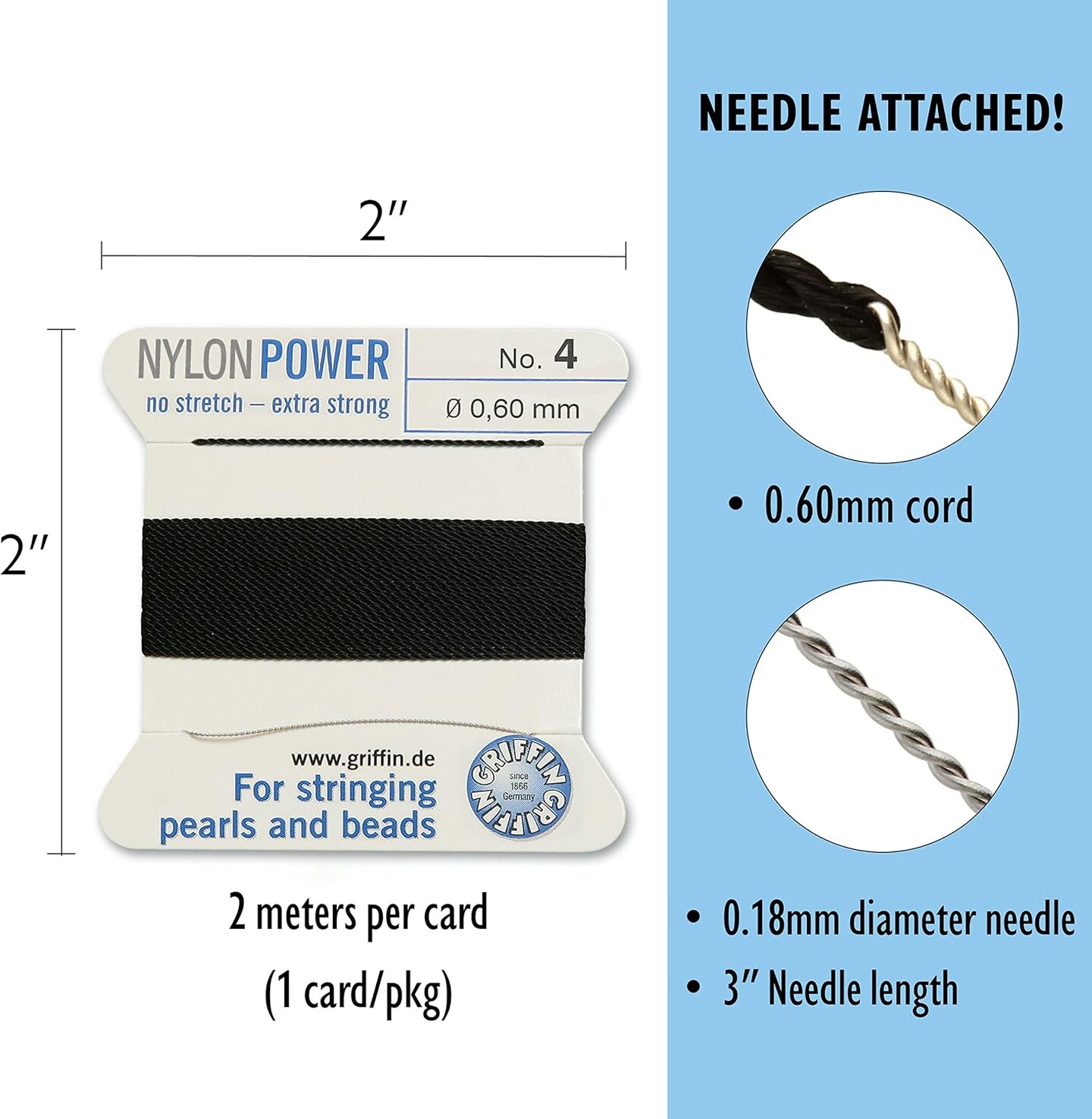 Griffin Nylon Bead Cord Perlseide – Size 4 (0.60mm) – 2 Meters per Card – Stainless Steel Needle Attached – for Knotting Pearls, Gemstones, Crystals and Beads