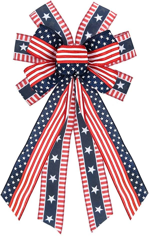 Large Patriotic Wreath Bow – Red, White & Blue Stars & Stripes Bow for Front Door, Memorial Day, 4th of July, Veterans Day, Indoor/Outdoor American Flag Holiday Decoration