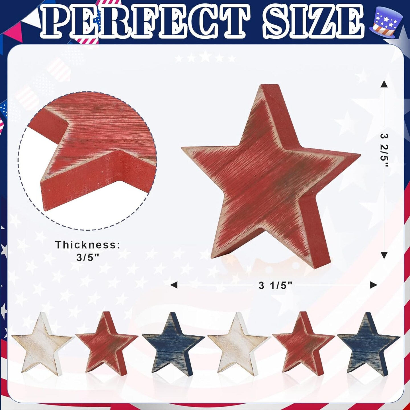 4th of July Decorations – 6-Piece Patriotic Wooden Star Set, Red, White & Blue Retro Table Decor for Tiered Trays, Home, Office, Memorial & Veterans Day