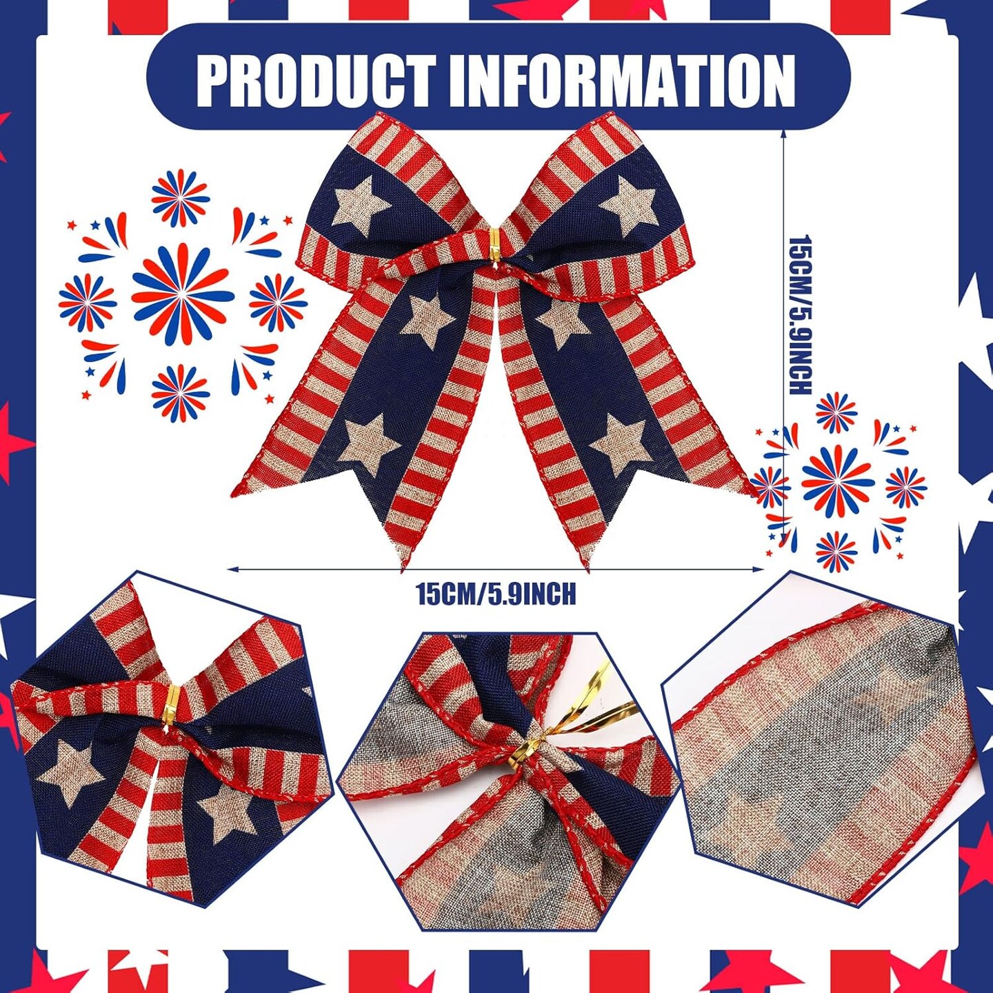 12 PCS 4th of July Patriotic Bows – 6" Red, White & Blue Burlap Ribbon Bows with Stars & American Flag, 250th Anniversary, Independence Day, Memorial Day Door, Wall & Fence Decorations (Elegant Style)