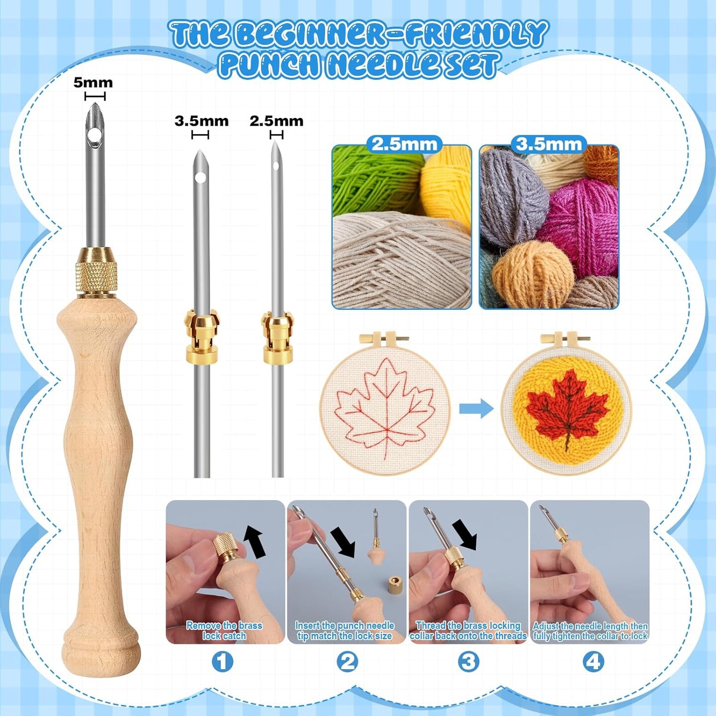 35-Piece Punch Needle Kit for Beginners – Adjustable Punch Needle Set with Multiple Needle Sizes, Wooden Handle Embroidery Pens, Storage Case, Scissors & Tools for DIY Crafts, Home Decor & Gifts