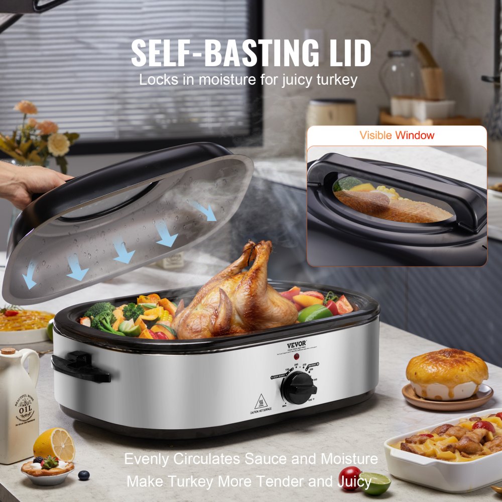 Stainless Steel Roaster Oven 18–22 QT, 1450W with Self-Basting Lid