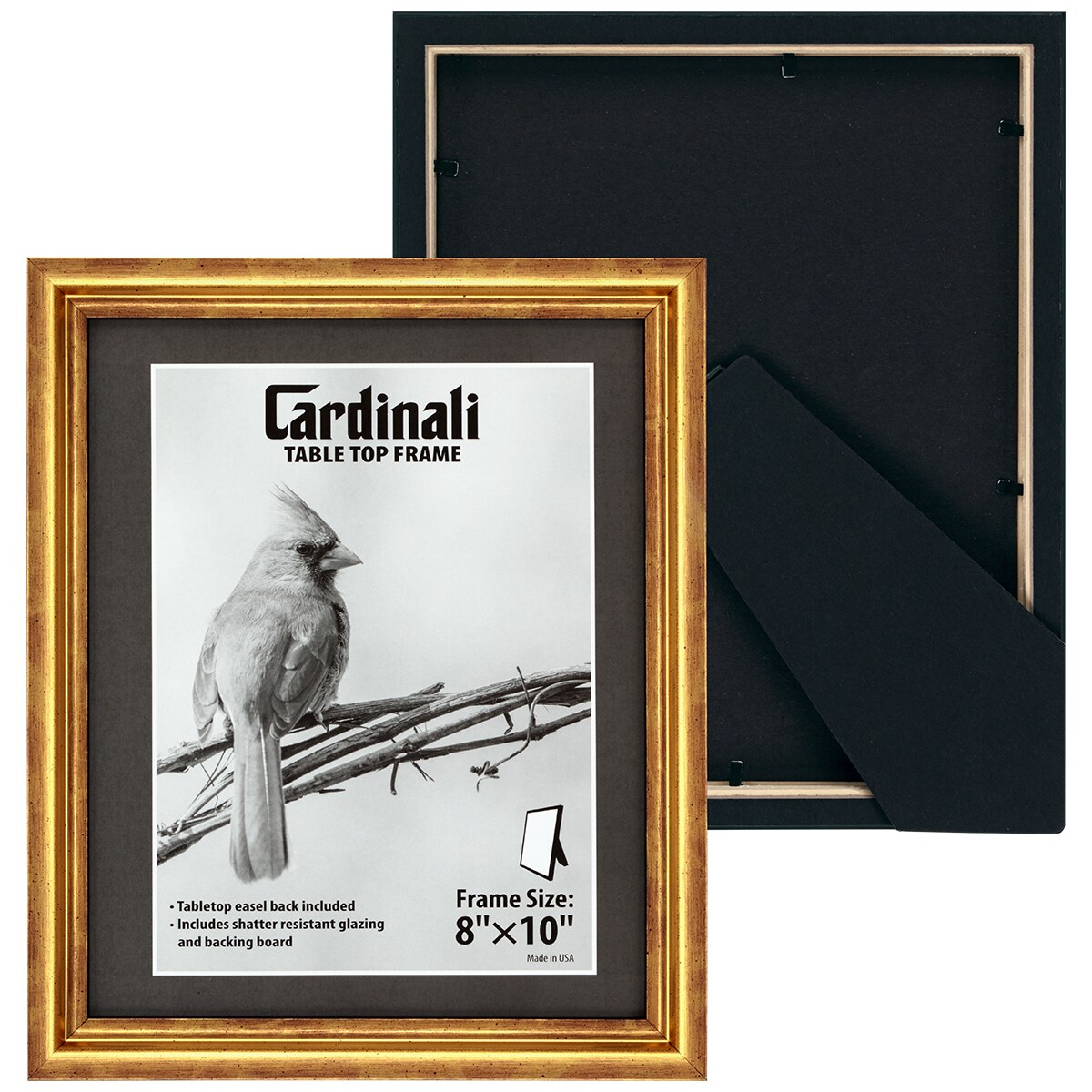 Cardinali Madden Tabletop Gold Frame, 8x10" Picture Frame for Desk & Mantel Decor, Hand Leafed Finish, Easel Back for Vertical or Horizontal Display, Shatter-Resistant Acrylic Glazing, Made in the USA