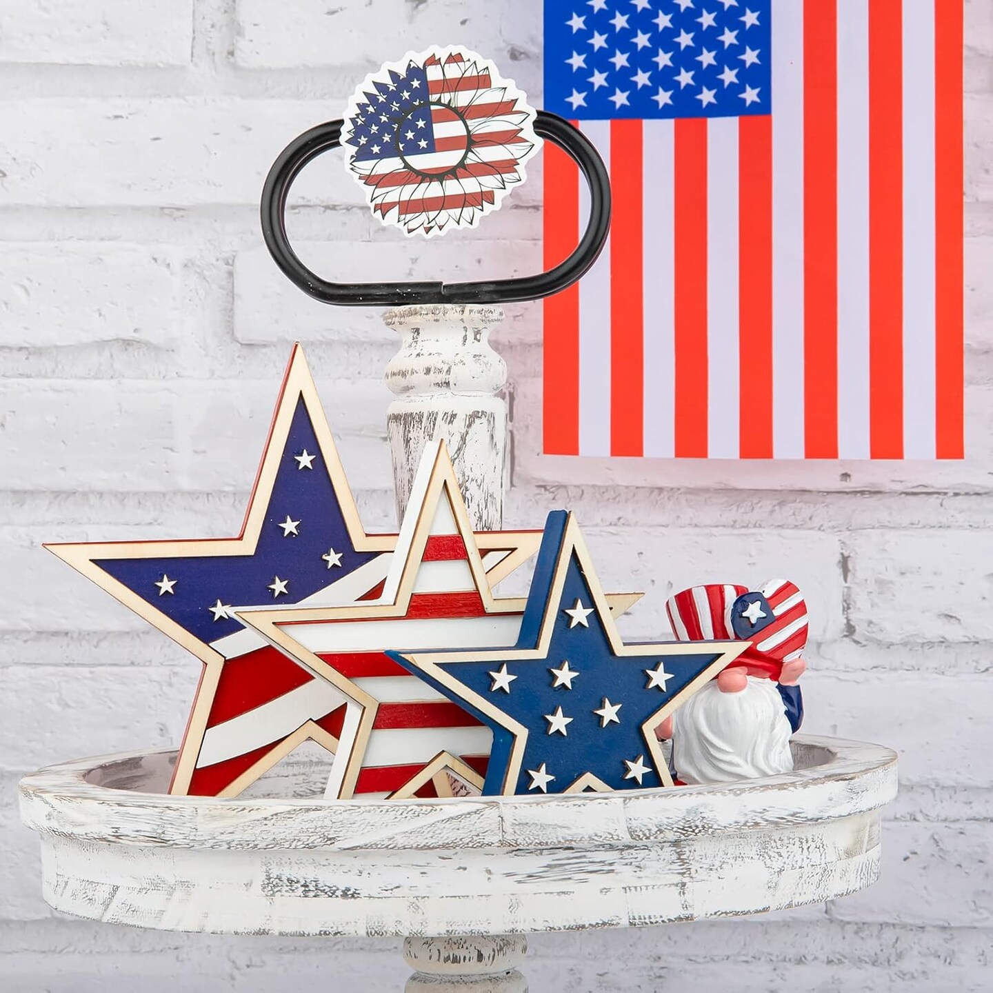 4th of July Tiered Tray Decorations, 3 Pcs Patriotic Wooden Star Table Centerpieces – Embossed Stars & Stripes Red White Blue Decor for Independence Day & Memorial Day