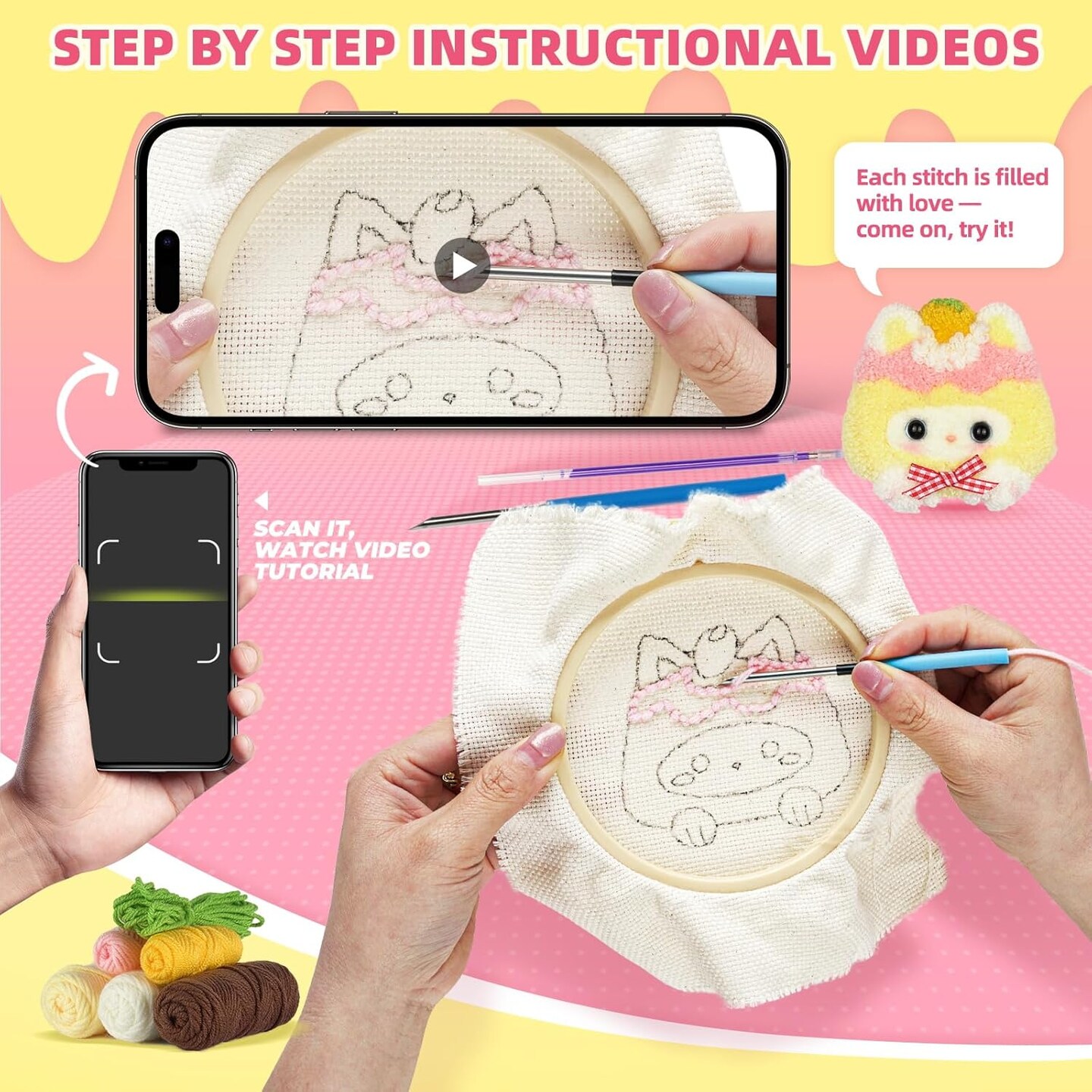 Punch Needle Kit for Beginners – DIY Cat Family Embroidery Set with Printed Patterns, Needles, Hoop, Yarn, Step-by-Step Instructions & Video Tutorial, Easy Craft Kit for Adults & Kids