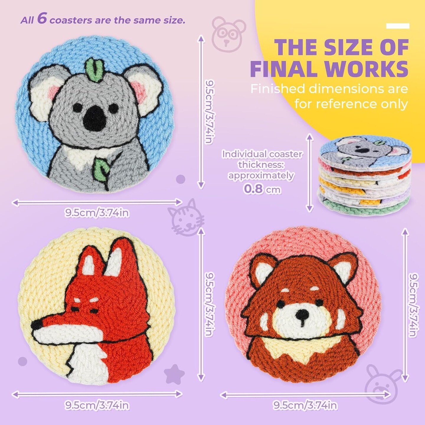 Punch Needle Kit for Beginners – DIY Embroidery Coaster Set with 6 Animal Patterns, Punch Needle Tool, Yarn, Curved Scissors, Hoop & Storage Box, Easy Step-by-Step Tutorial for Adults & Kids