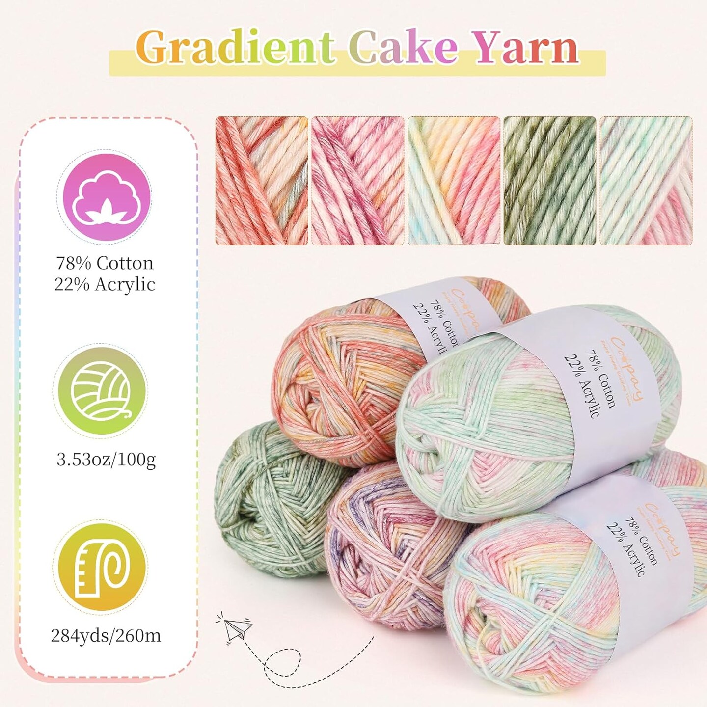 Gradient Ombre Yarn Cake Set – 4-Pack, 3.53oz / 284yds Each, 78% Cotton 22% Acrylic, #2 Thin Yarn for Crocheting & Knitting Blankets, Shawls, Scarves – Color Set 101