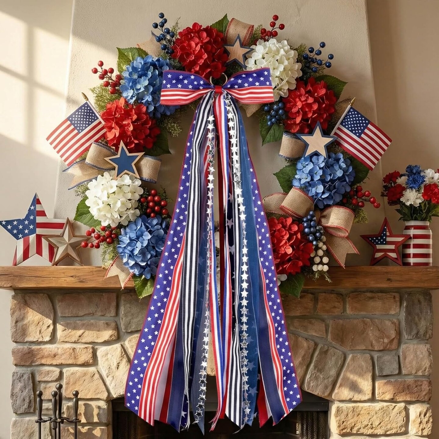 Patriotic Wreath Sash – 27.5" Red, White & Blue 9-Ribbon Bundle with Star Charm, Clip-On Bow for Front Door, 4th of July, Memorial Day & Independence Day Indoor/Outdoor Decor
