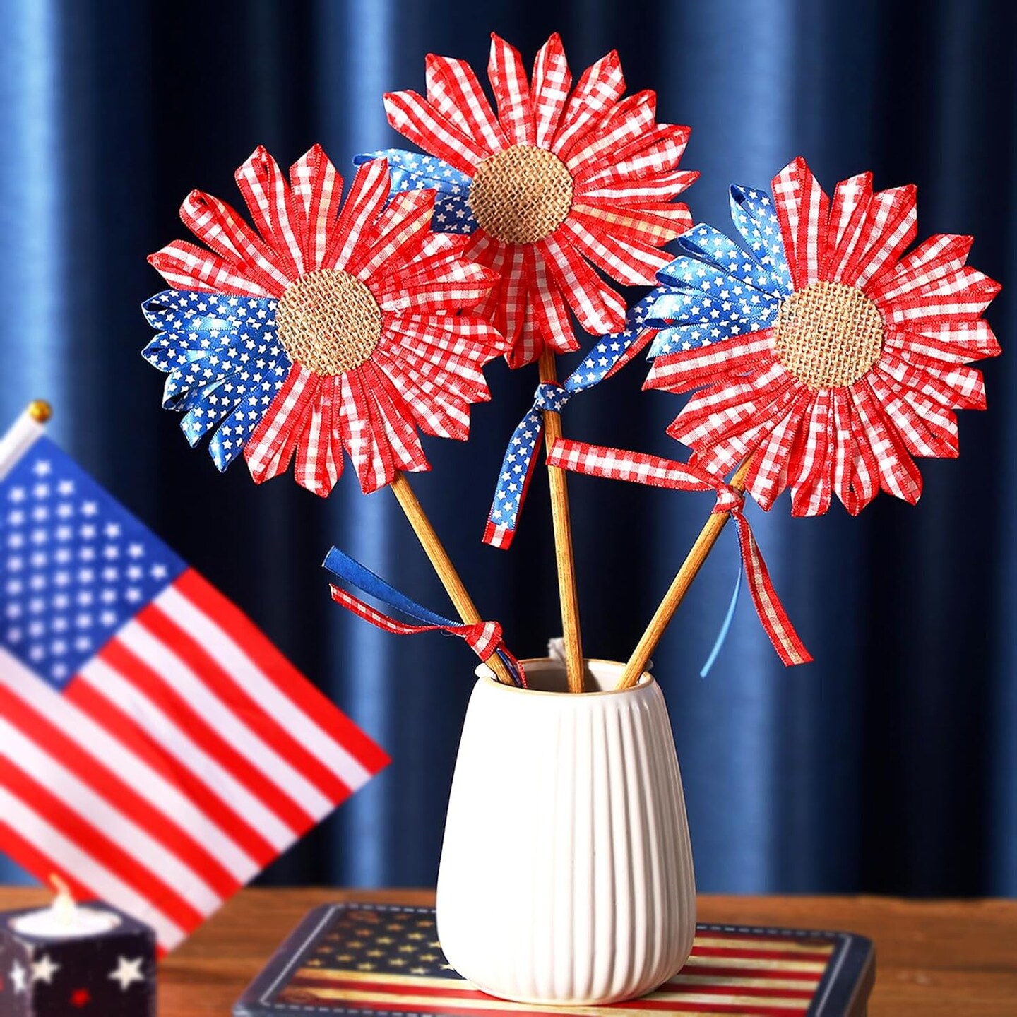 3 Pcs 4th of July Patriotic Flowers, Artificial Independence Day Red White Blue Decor, Fabric Flowers for Table Centerpieces, Party and Memorial Day Decorations