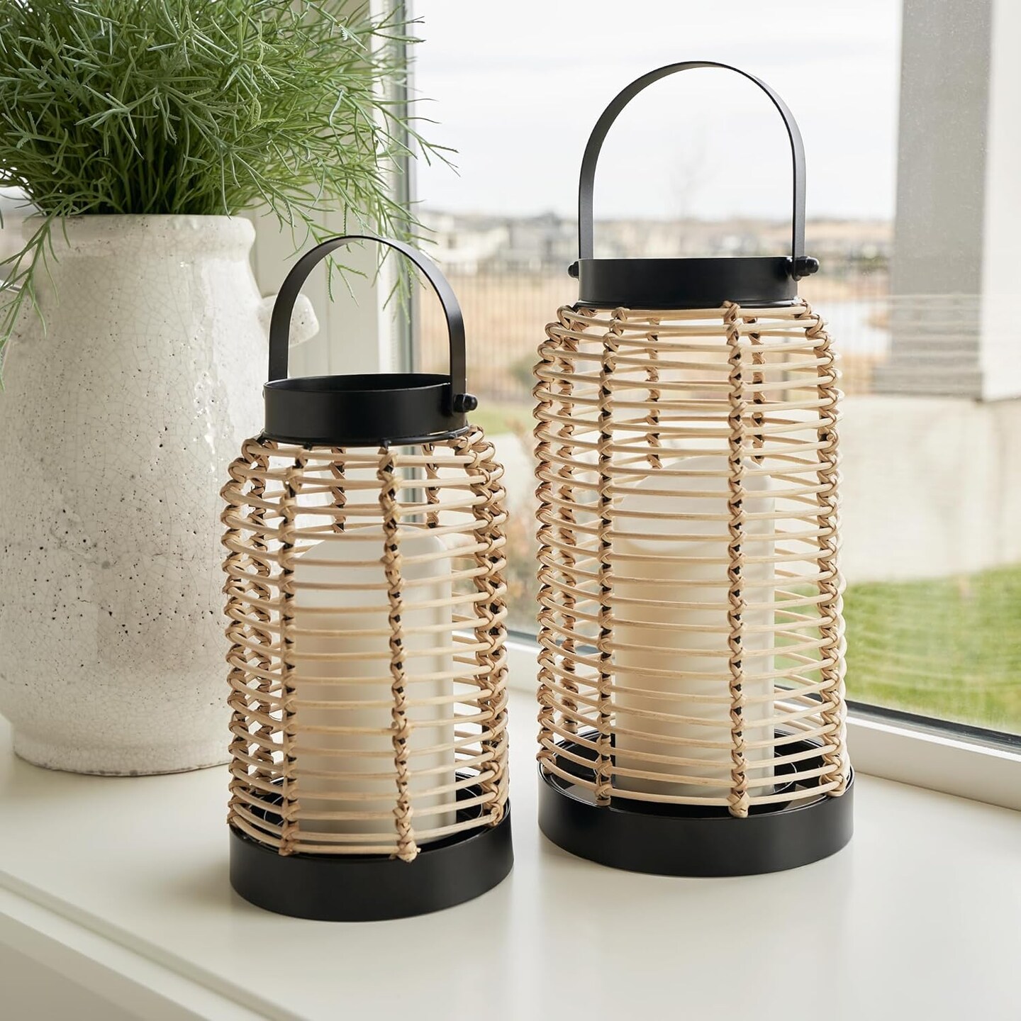 Natural Rattan Lantern Boho Farmhouse Decorative Lantern for Indoor Outdoor Home Decor