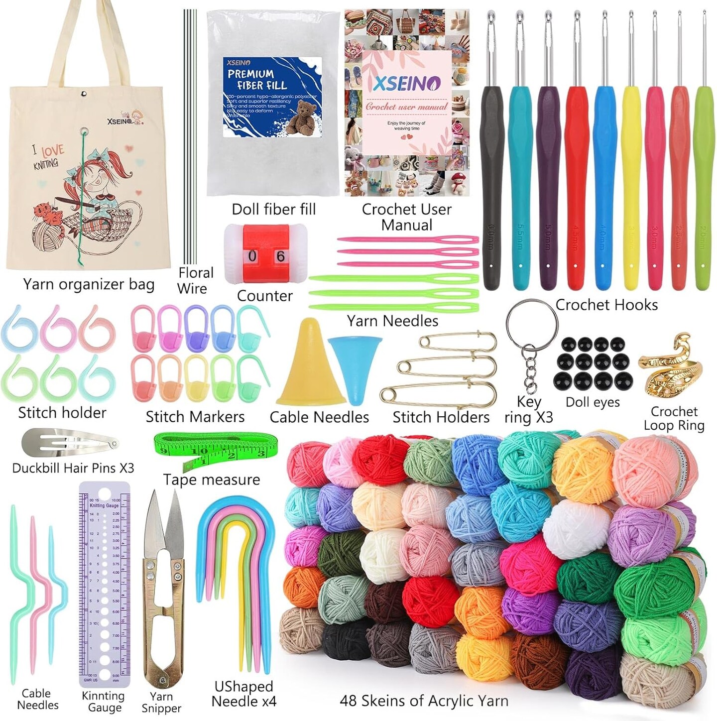 Crochet Kit with Hooks & Yarn Set – 40-Color Yarn Balls, Complete Beginner Bundle with Accessories, Storage Bag, and Video Tutorials