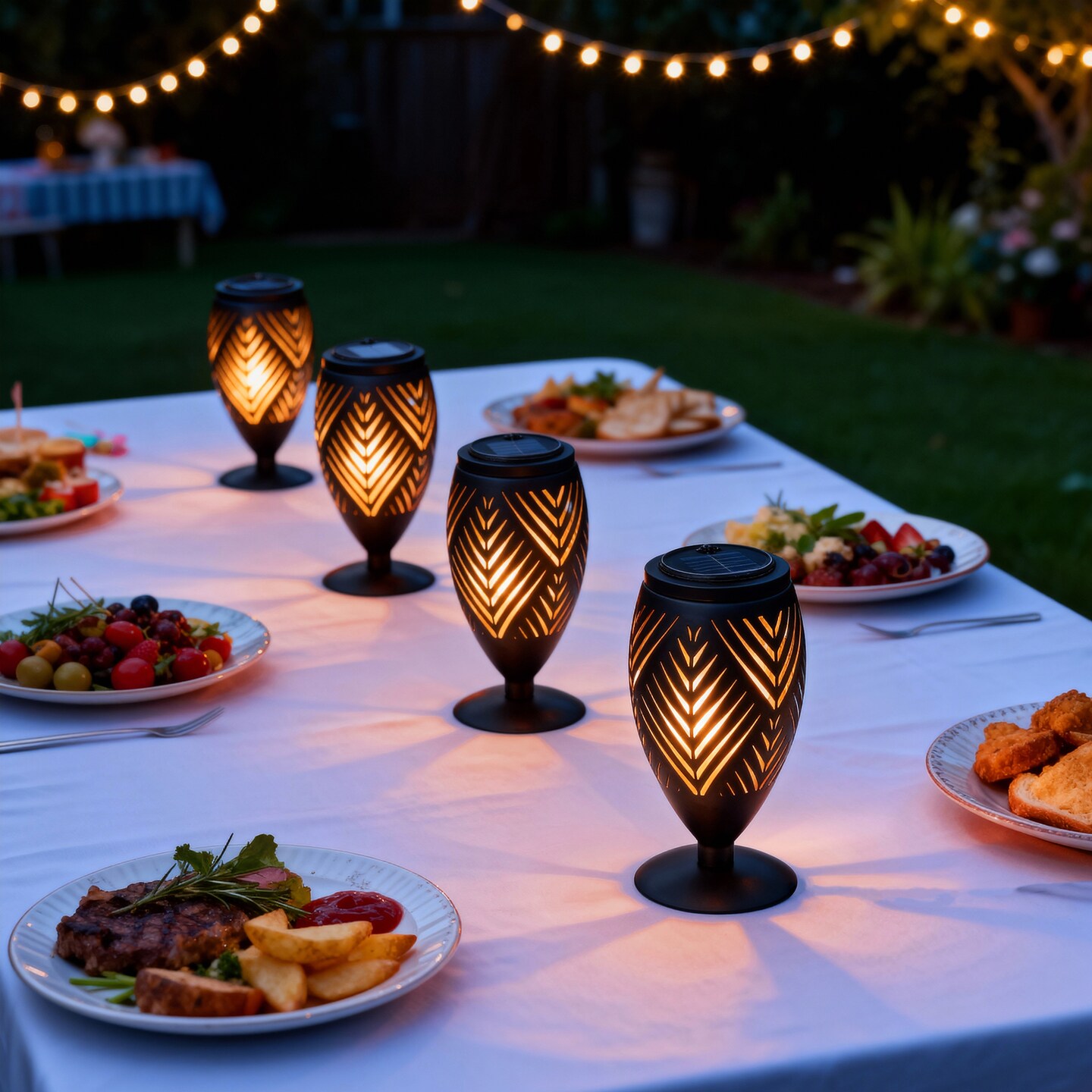 8.75"H Set of 4 Black Metal Cutout Geometric Pattern Solar Powered Outdoor Lantern with LED Light