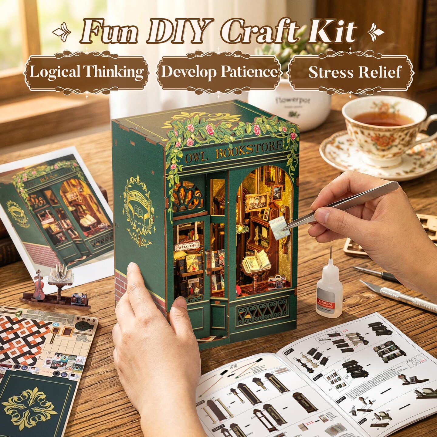 Book Nook Kit - DIY Miniature House Kit for Adults, Teens and Beginners, Dollhouse Booknook Library Tiny House Bookshelf Decor 3D Wooden Puzzle, Gifts for Family, Friends (Owl Bookstore)