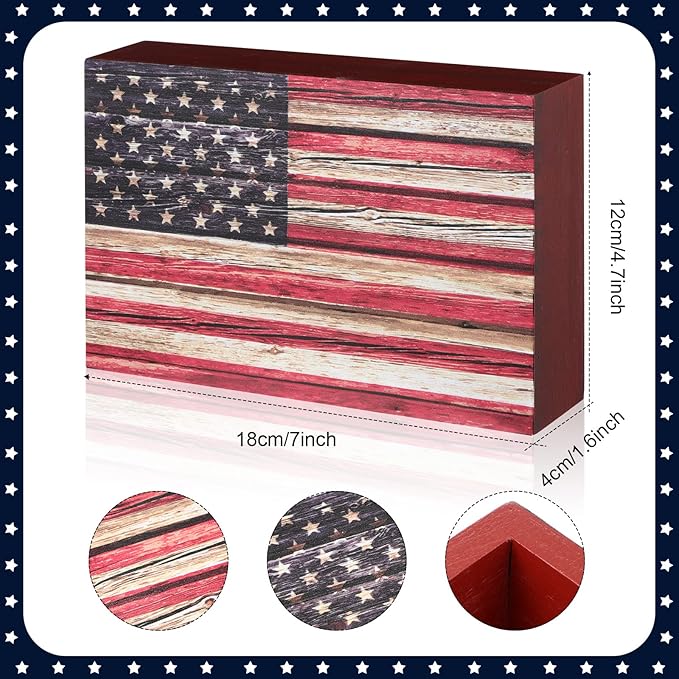 Memorial Day Decor Patriotic 4th of July Tabletop Decorarion Wooden American Flag Box Sign 250th Anniversary Independence Day Veterans Wood Gifts for Table Centerpiece Office Desk Shelf