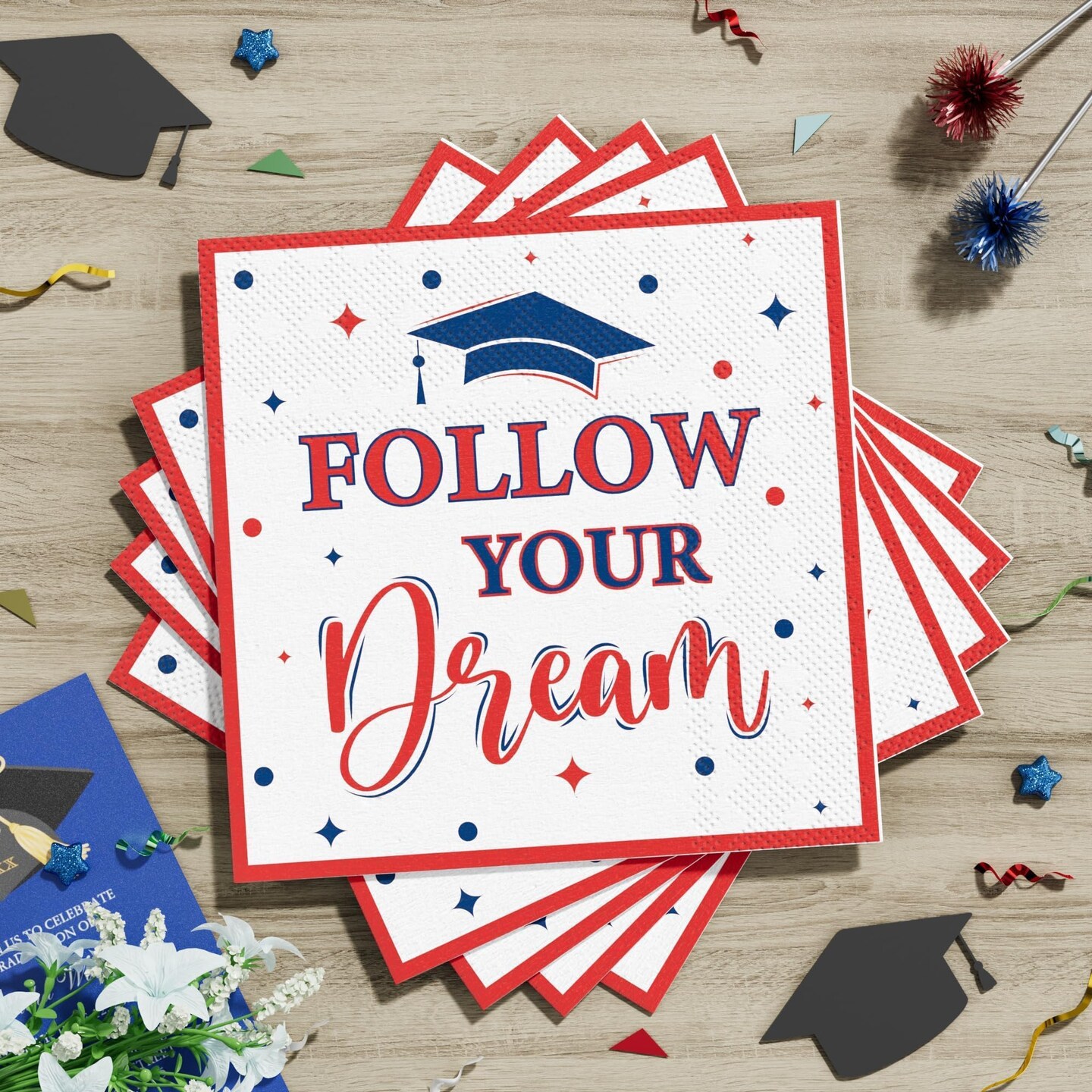 Graduation Decorations Class of 2026, 350 PCS Graduation Party Supplies College High School Grad Decor Disposable Dinnerware (Serve 50) Paper Plates Cup Napkin Fork Knife Spoon (Red & Blue)