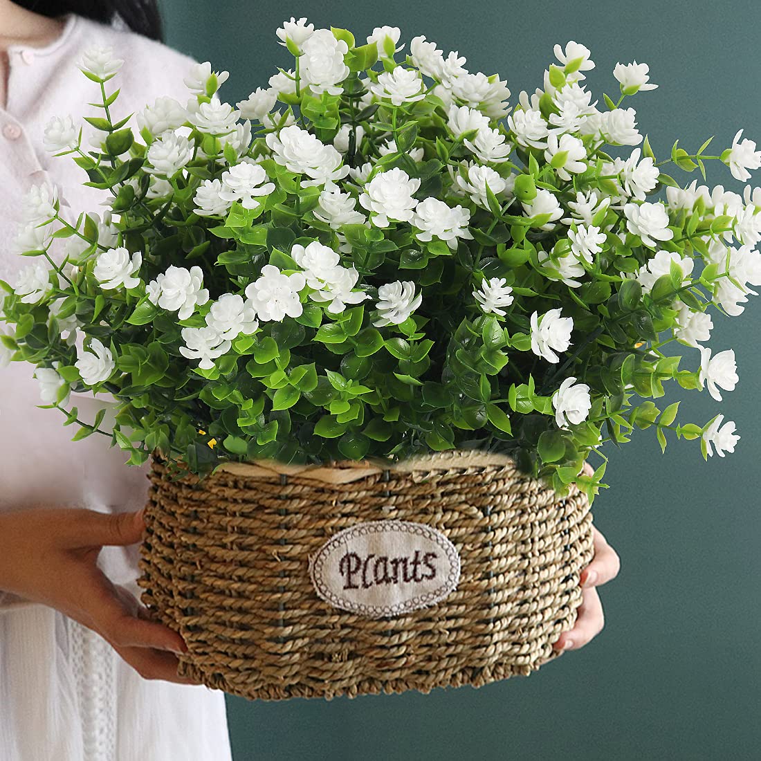 Artificial Flowers, Fake Boxwood Outdoor UV Resistant Plants Artificial Springs Flowers Eucalyptus Greenery Shrubs Bridal Wedding Bouquet for Home Garden Party Wedding Decoration(White)