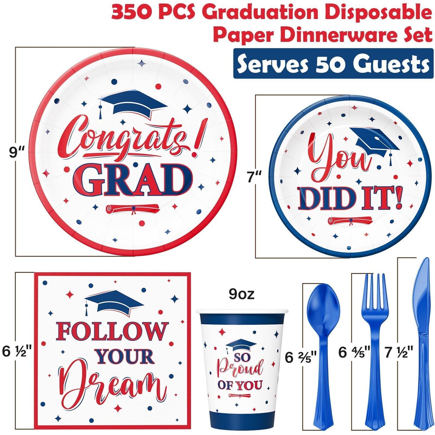 Graduation Decorations Class of 2026, 350 PCS Graduation Party Supplies College High School Grad Decor Disposable Dinnerware (Serve 50) Paper Plates Cup Napkin Fork Knife Spoon (Red & Blue)