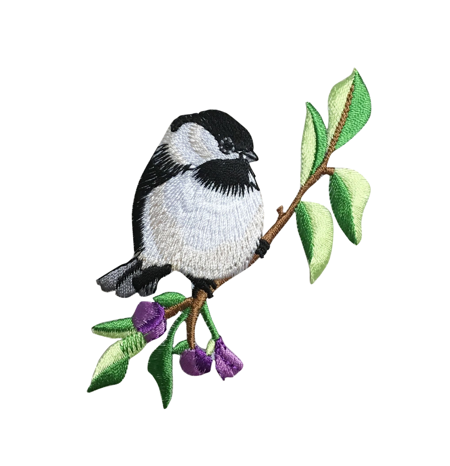 Chickadee on Tree Branch with Purple Flowers, Birds, Embroidered, Iron on Patch
