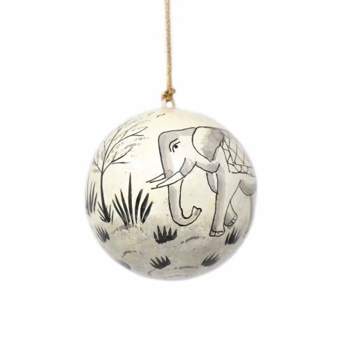 Set of 3 White Paper Christmas Ornaments with Hand Painted Elephant Design and Glossy Finish