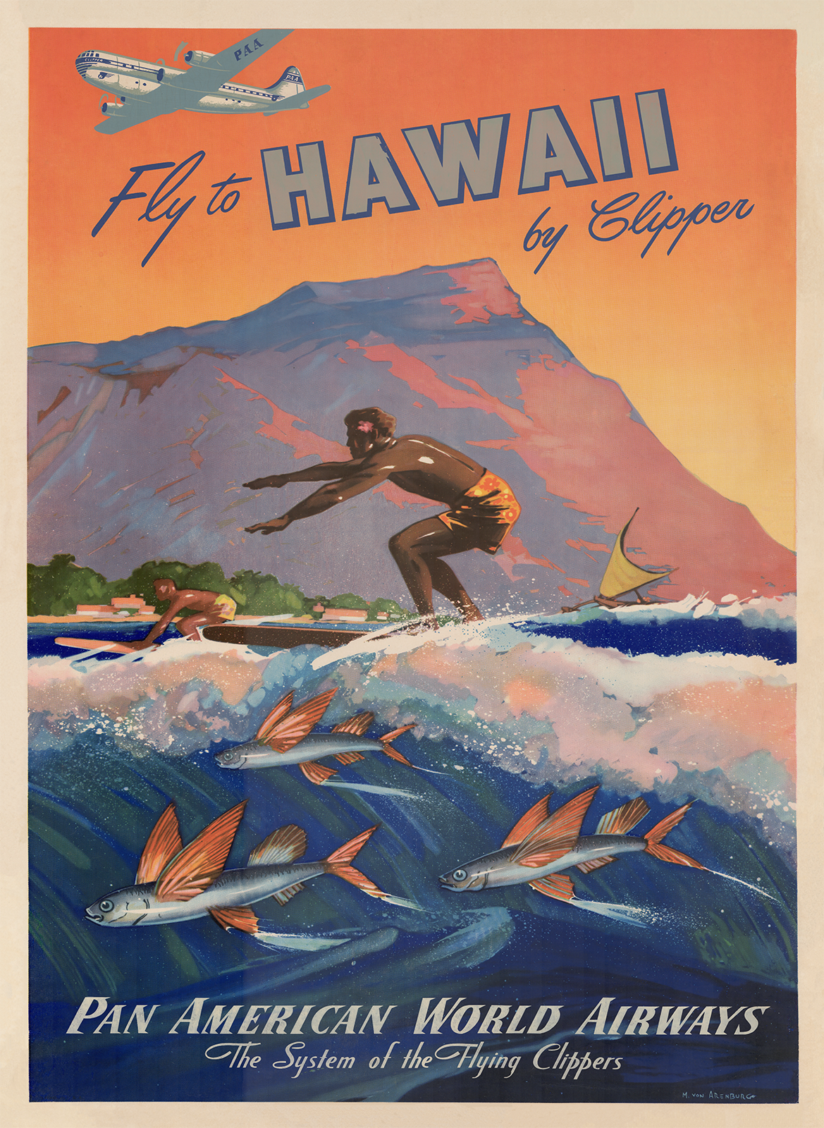 95年旧ロゴHAWAIIAN AIRハワイアン航空オリジナルカレンダーポスター3 Hawaii Vintage Pan Am Travel Poster Prints, Size: 30 x 40 inches