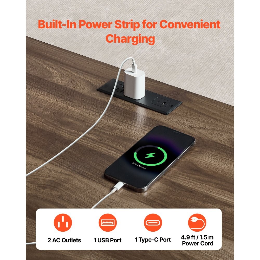 Walnut Particle Board Executive Desk with Charging Station & Drawers