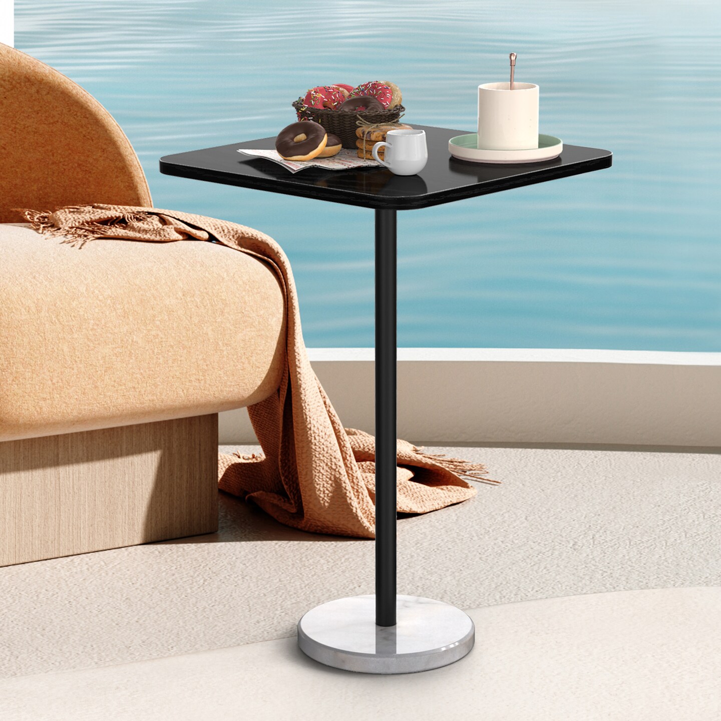 Modern Black Side Table with Marble Base, 15.6" Square Tall End Table