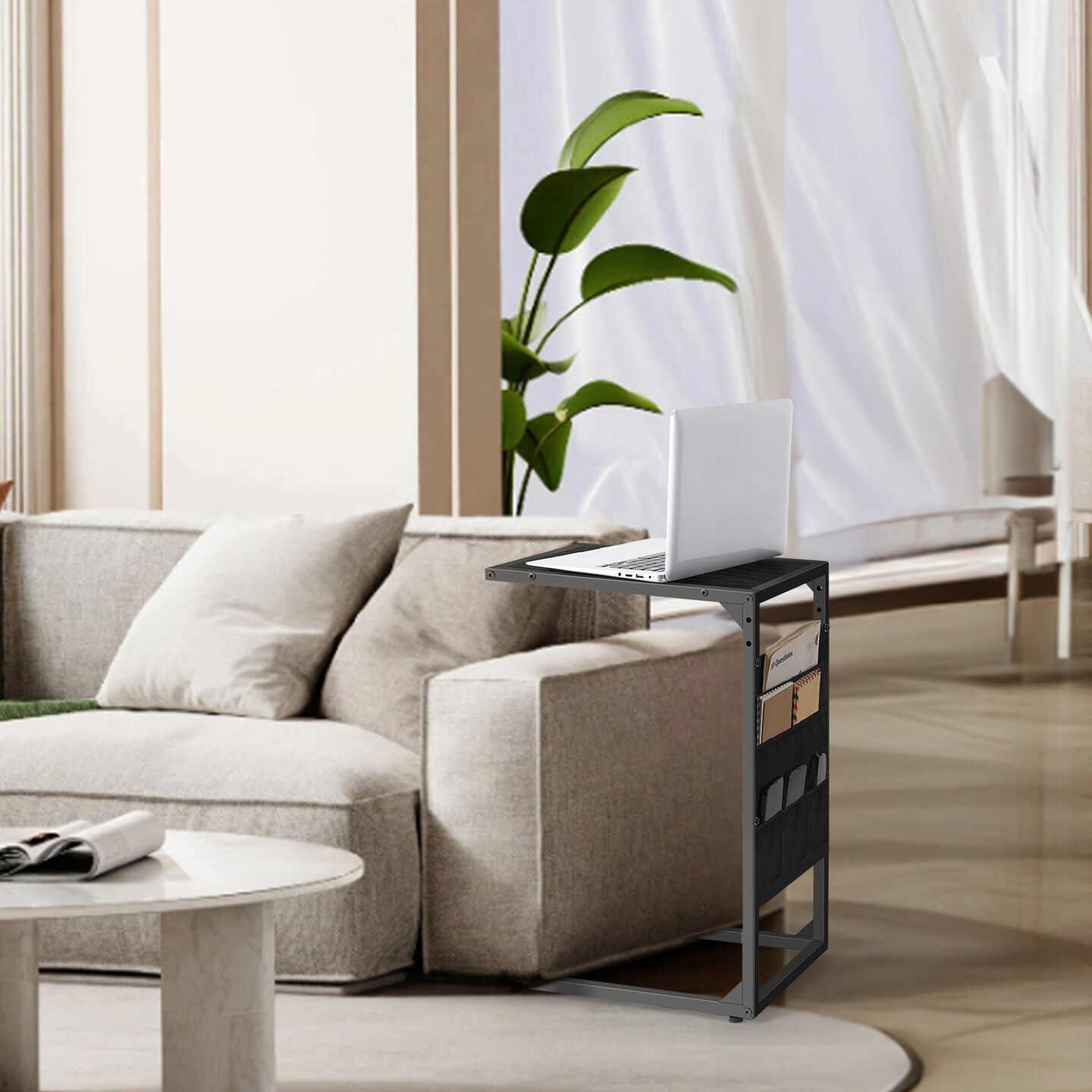2-Pack C-Shaped Sofa Side Tables with Storage Pockets, Black End Tables for Small Spaces